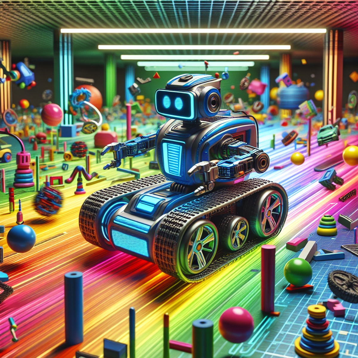 A TurtleBot 2 robot navigating through a colorful obstacle course in a simulation environment.