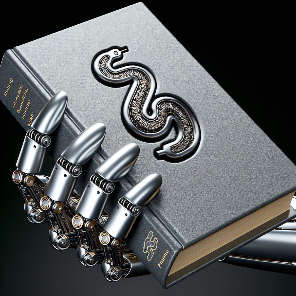 A robotic hand holding a thick, hardcover book with a coiling snake icon on the cover.