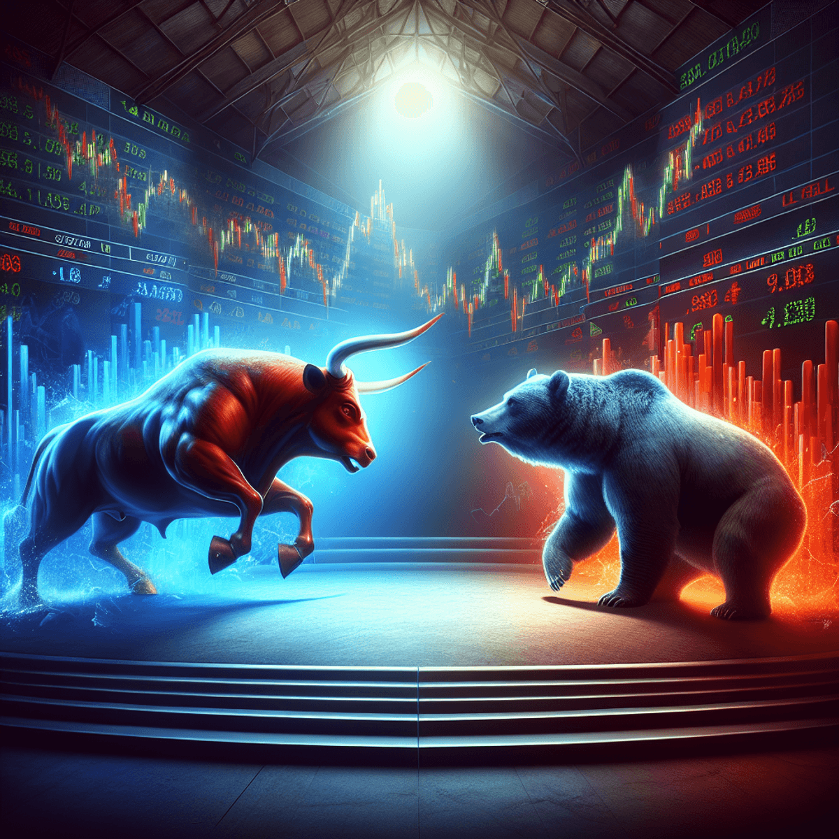 A digital art image of a stock market themed arena where a bull and a bear are confronting each other. The bull is actively charging, symbolizing a bullish stock market, while the bear appears defensive, embodying a bearish market. The image is dynamic, colorful and visually captivating, effectively encapsulating the thrill and unpredictability of the stock market.