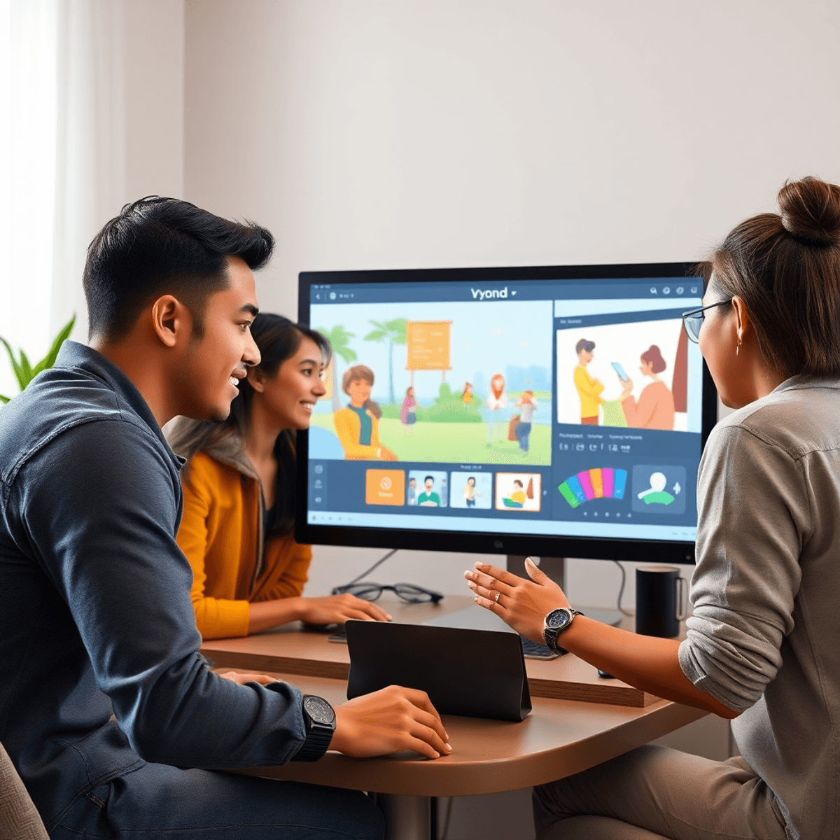 A diverse group of people gathered around a computer, collaborating on animated videos. Colorful graphics and animation elements fill the screen, showcasing creativity and teamwork.