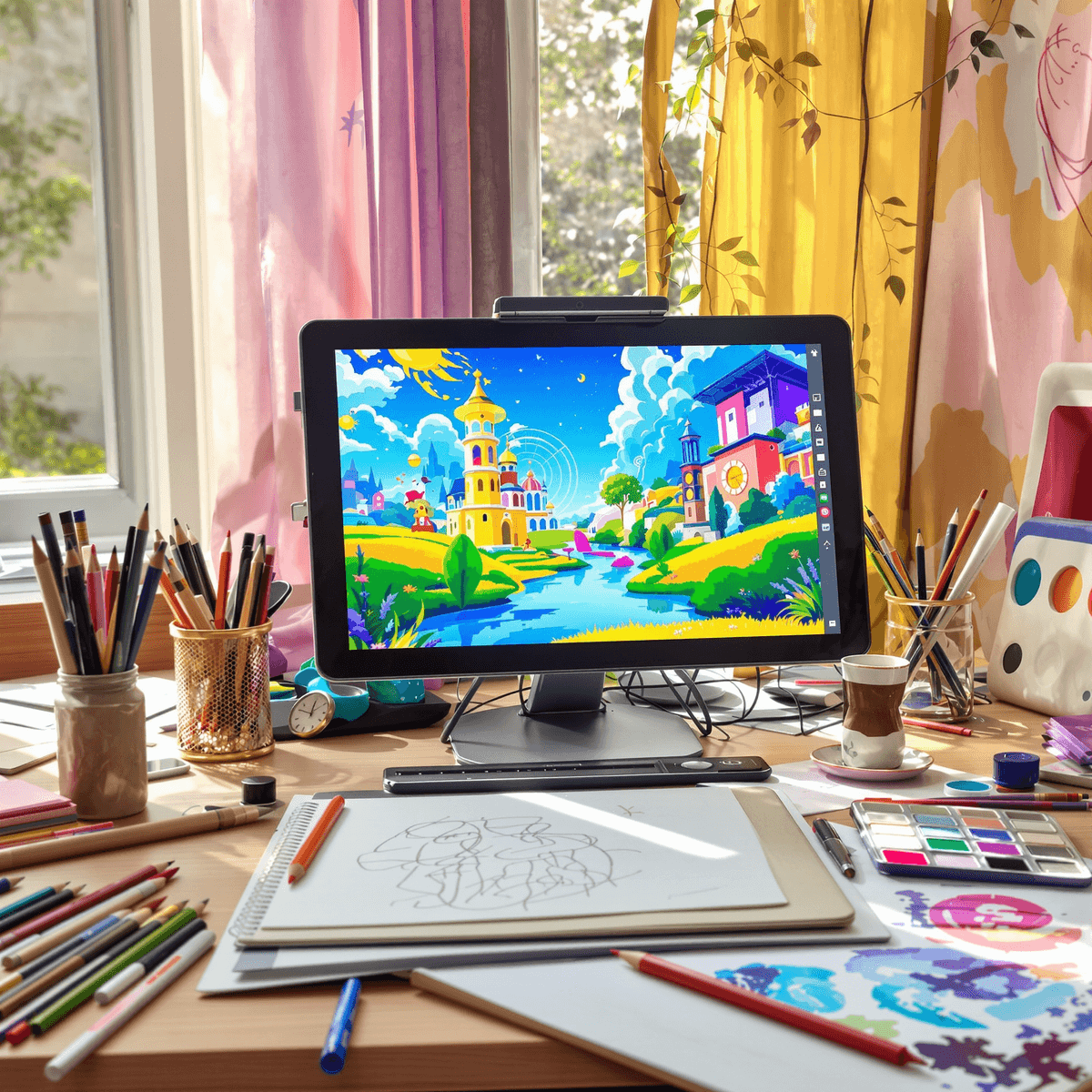 A colorful artist's workspace with a desk full of drawing tools, including pencils, sketchbooks, digital tablets, and watercolor paints, bathed in natural light.
