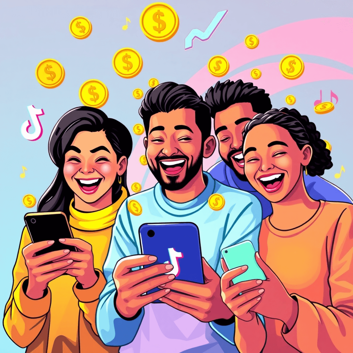 A lively scene of content creators using smartphones to film videos, surrounded by dollar signs and coins, with TikTok elements like the app logo and colorful musical notes in the background.