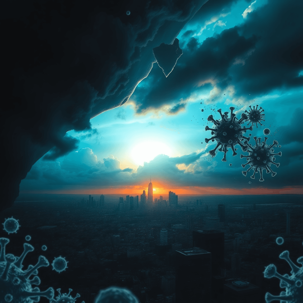 A stormy sky parts to reveal a bright sunrise over a city, with abstract virus shapes dissolving into light, symbolizing hope and truth.