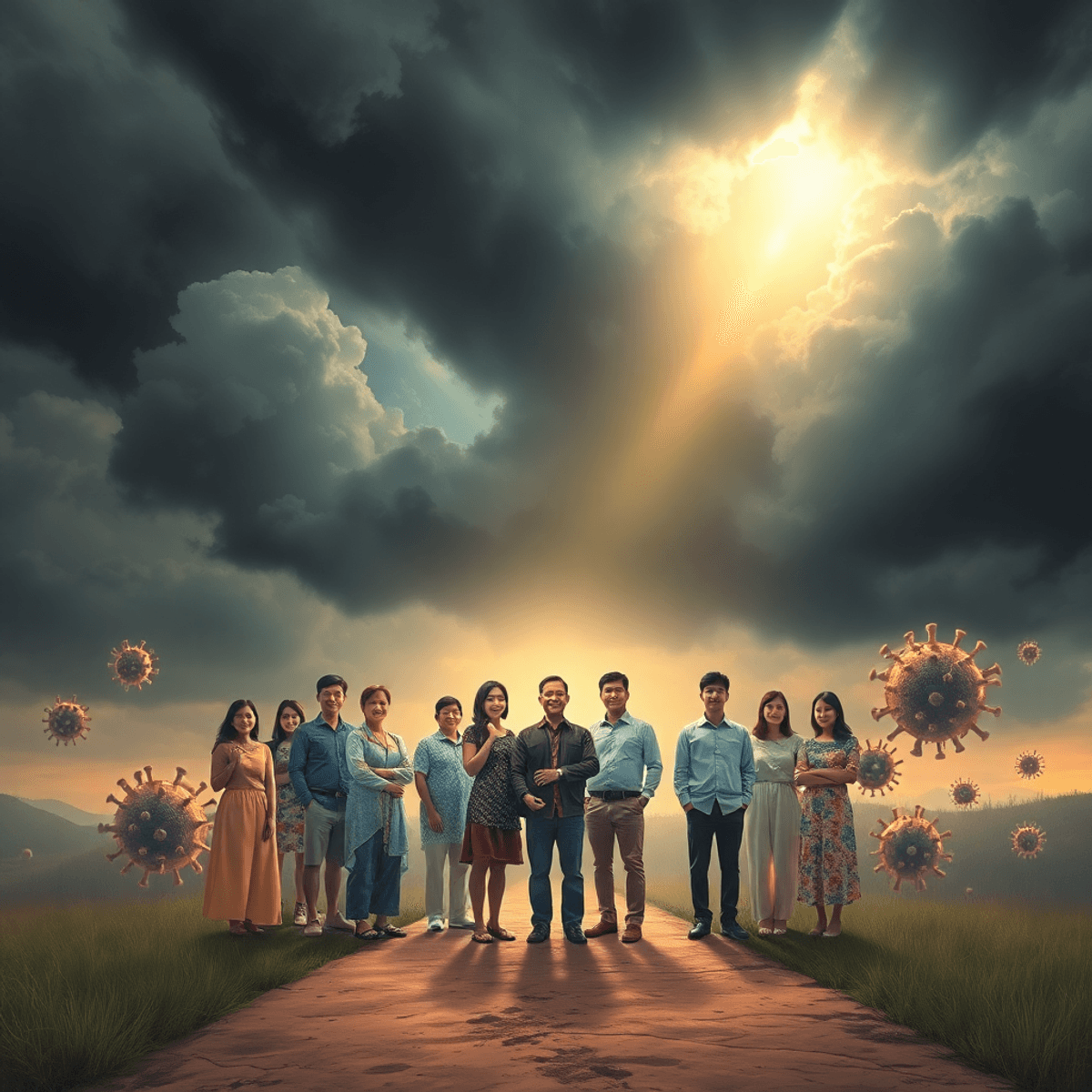A bright light breaks through stormy clouds, illuminating a united group standing on a path as fading virus shapes surround them.
