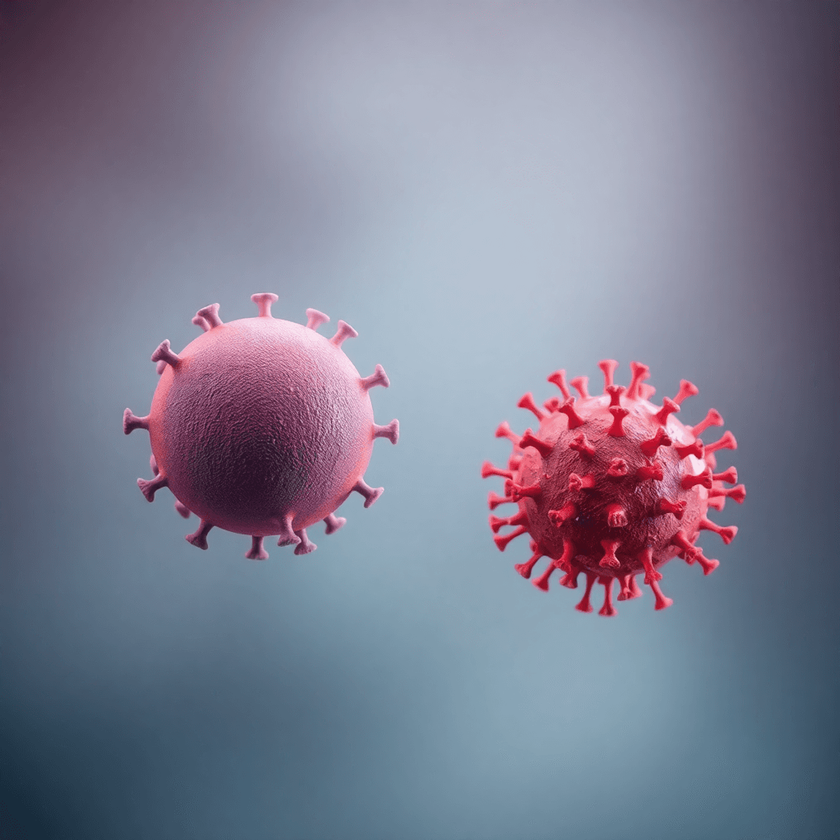 Close-up artistic image of two virus particles: a smooth spherical enterovirus and a spiked coronavirus, vibrant colors on a soft gradient background.