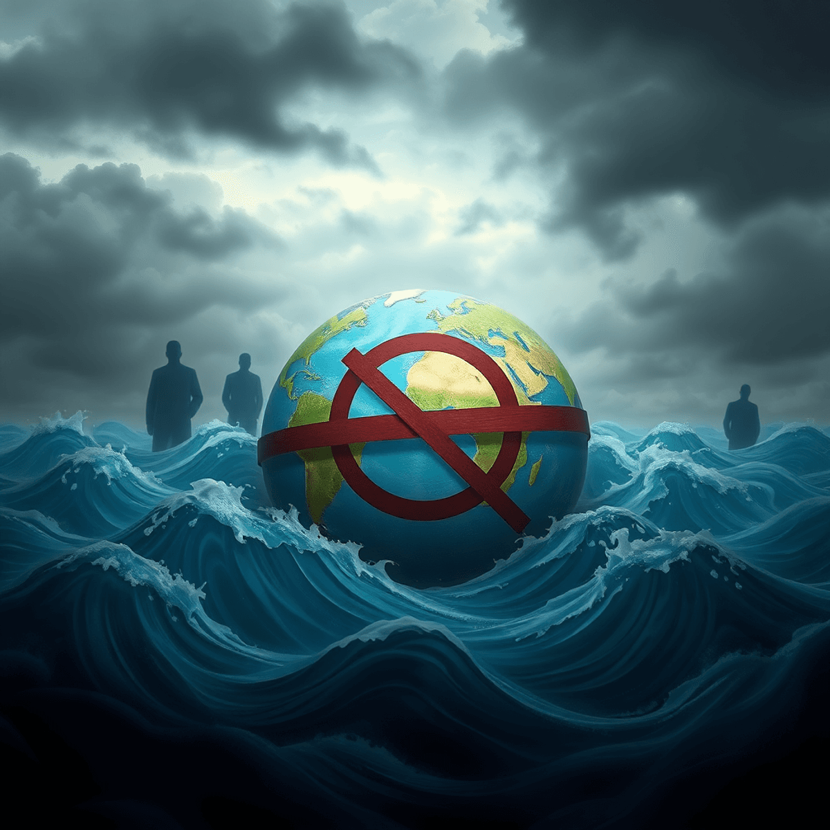 A globe encircled by abstract waves symbolizing restrictions, shadowy figures in the background, under a moody sky conveying global tension and unseen influences.