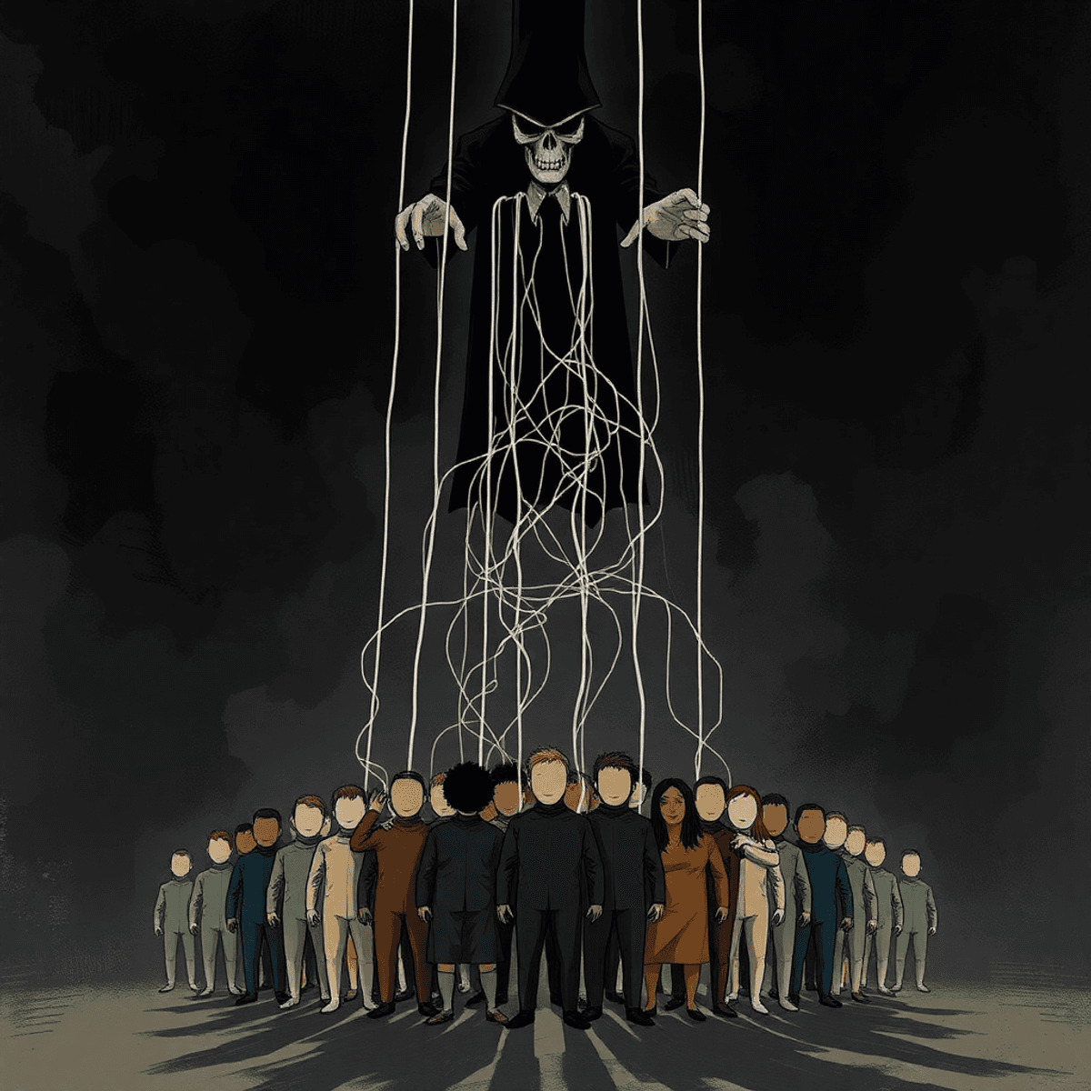 A dark, abstract scene with puppet strings controlling faceless figures beneath a looming shadowy figure symbolizing control and manipulation.