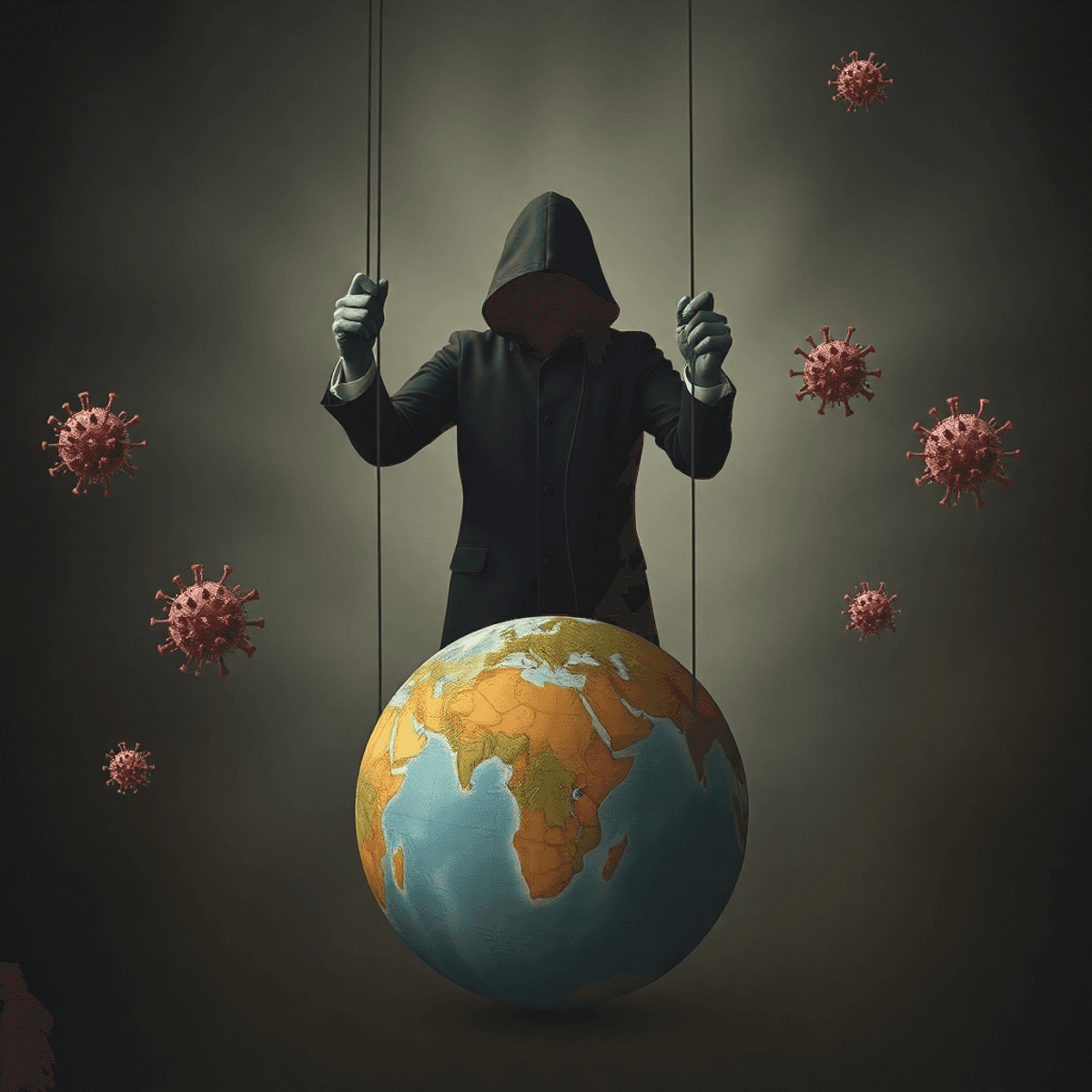 Shadowy figure controlling puppet strings above a globe, with floating virus shapes against a dark, moody background symbolizing control and fear.