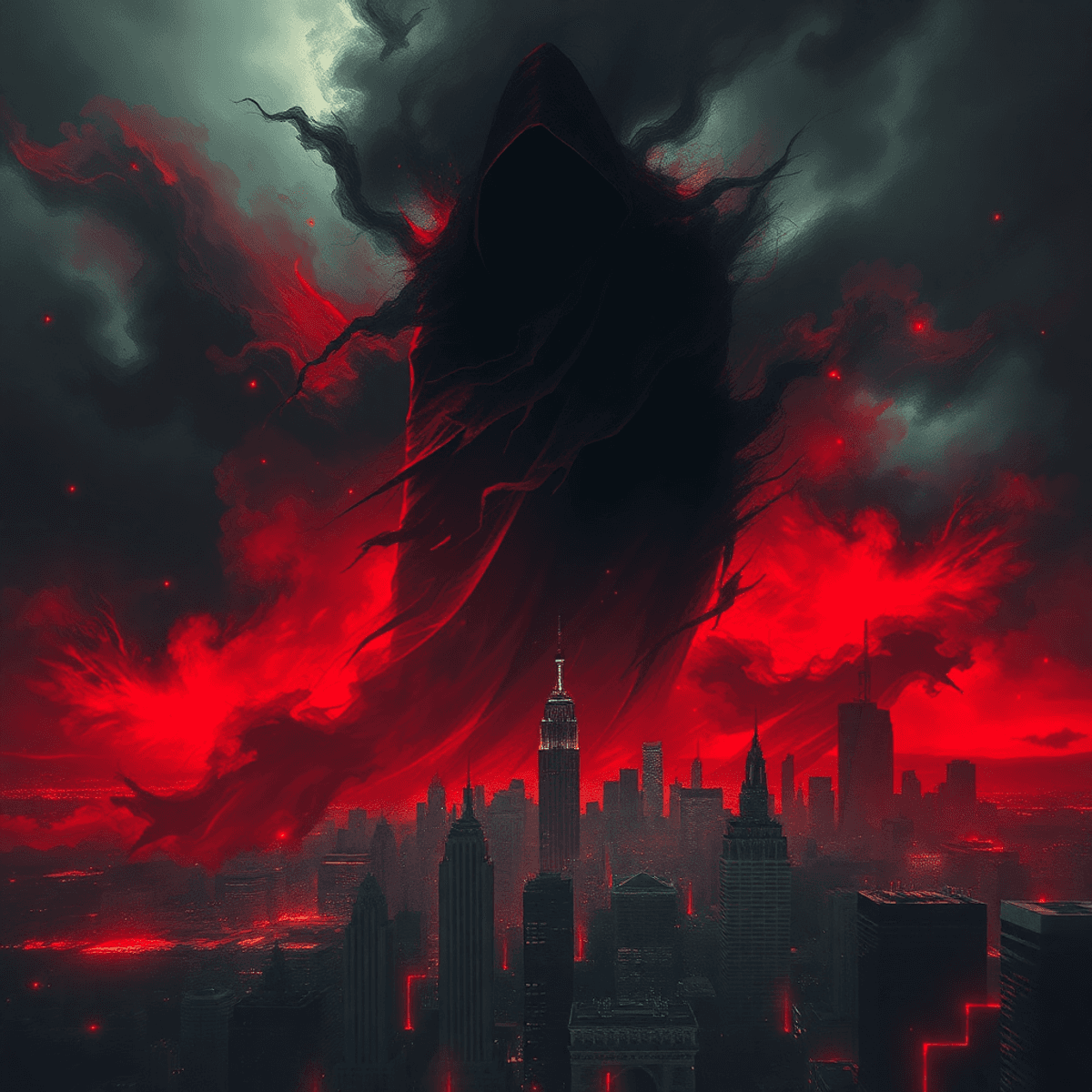 Shadowy figure looms over cityscape with swirling dark clouds, red and black tones, and faint glowing digital lines weaving through the scene.
