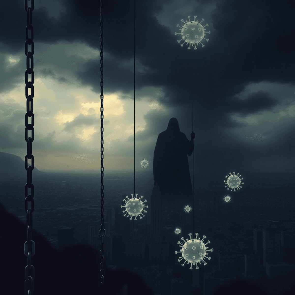 A stormy sky looms over a cityscape with shadowy figures above, abstract chains in the foreground, and faint glowing virus shapes floating ominously.