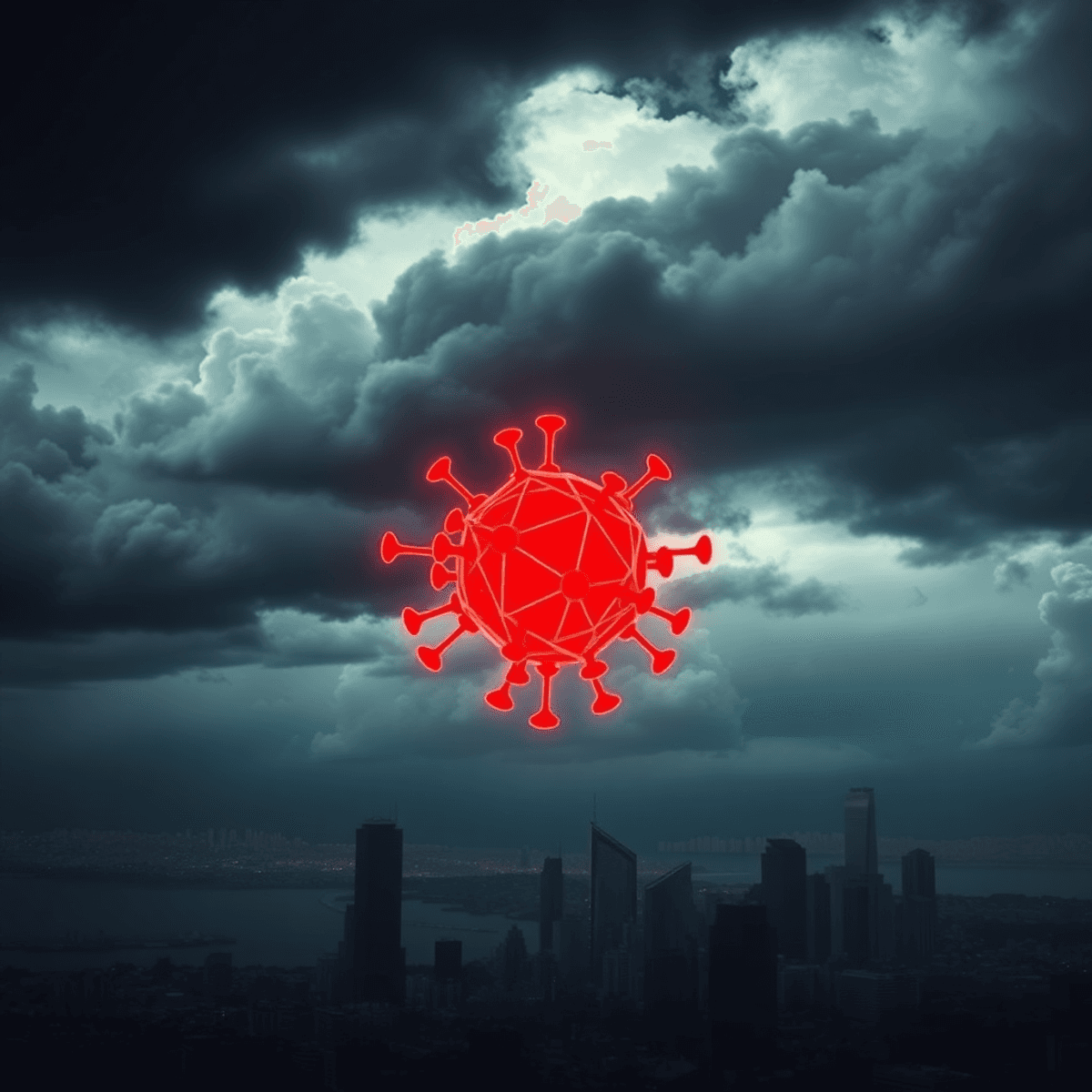 A dark stormy sky with swirling clouds looms over a city skyline, a glowing red geometric virus shape hovers ominously in the foreground.