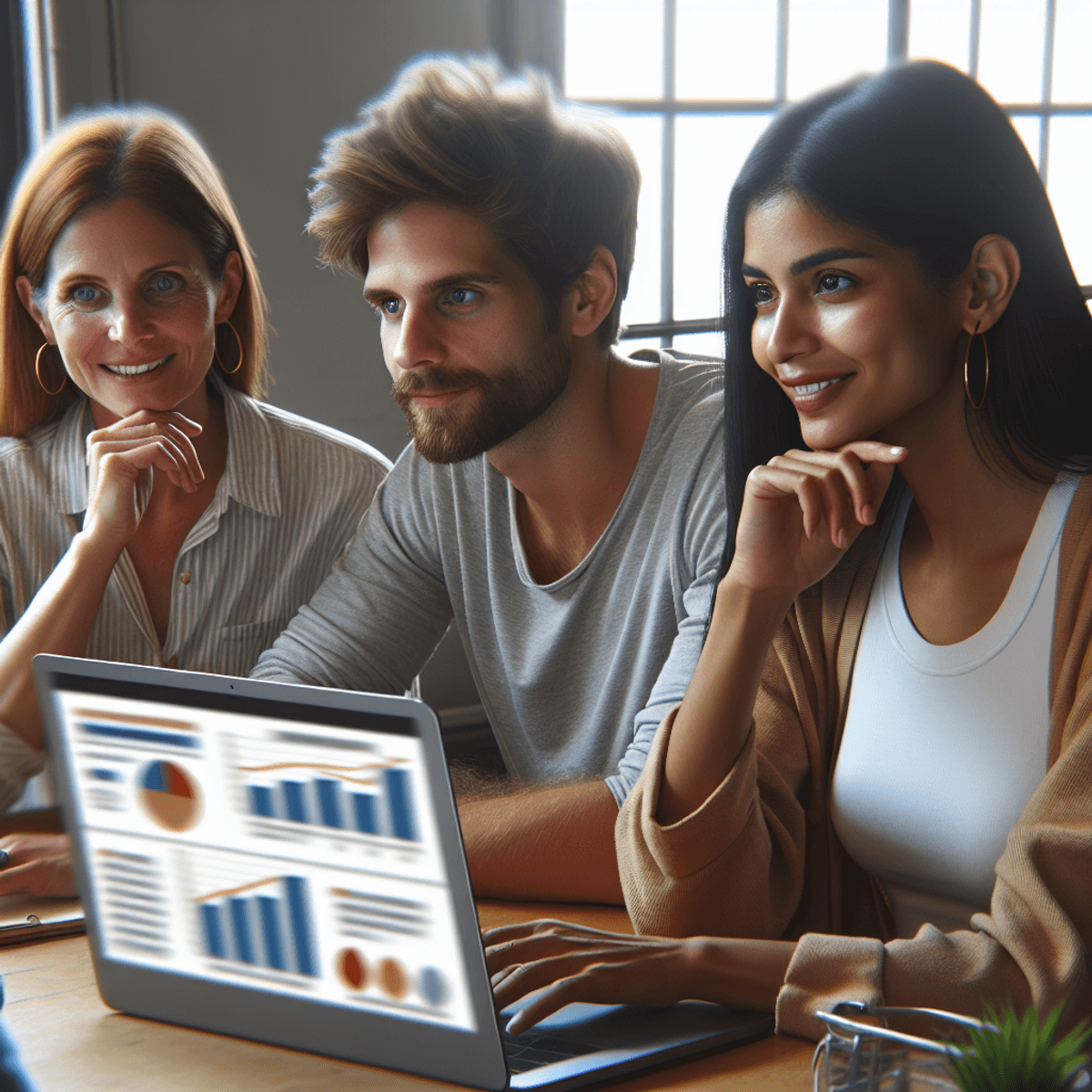 A South Asian woman, a Caucasian man, and a Hispanic woman are gathered around a laptop in a bright workspace, engaged in a lively discussion about website traffic strategies. The laptop screen shows colorful charts and graphs representing growth in online marketing. They are dressed in casual yet professional attire, conveying a modern collaborative atmosphere filled with positivity and teamwork.