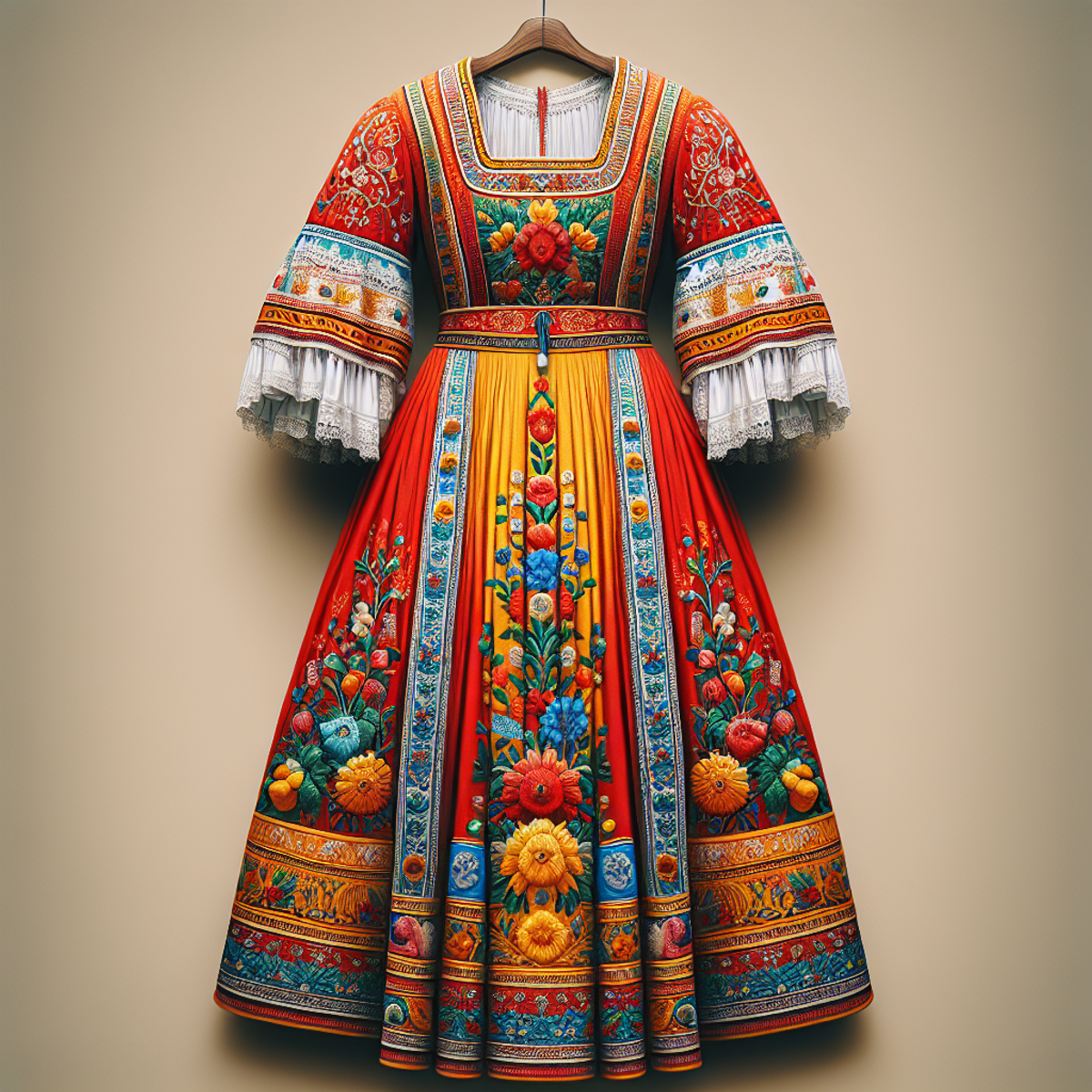 A traditional Italian dress with vibrant colors and intricate embroidery hanging for display.