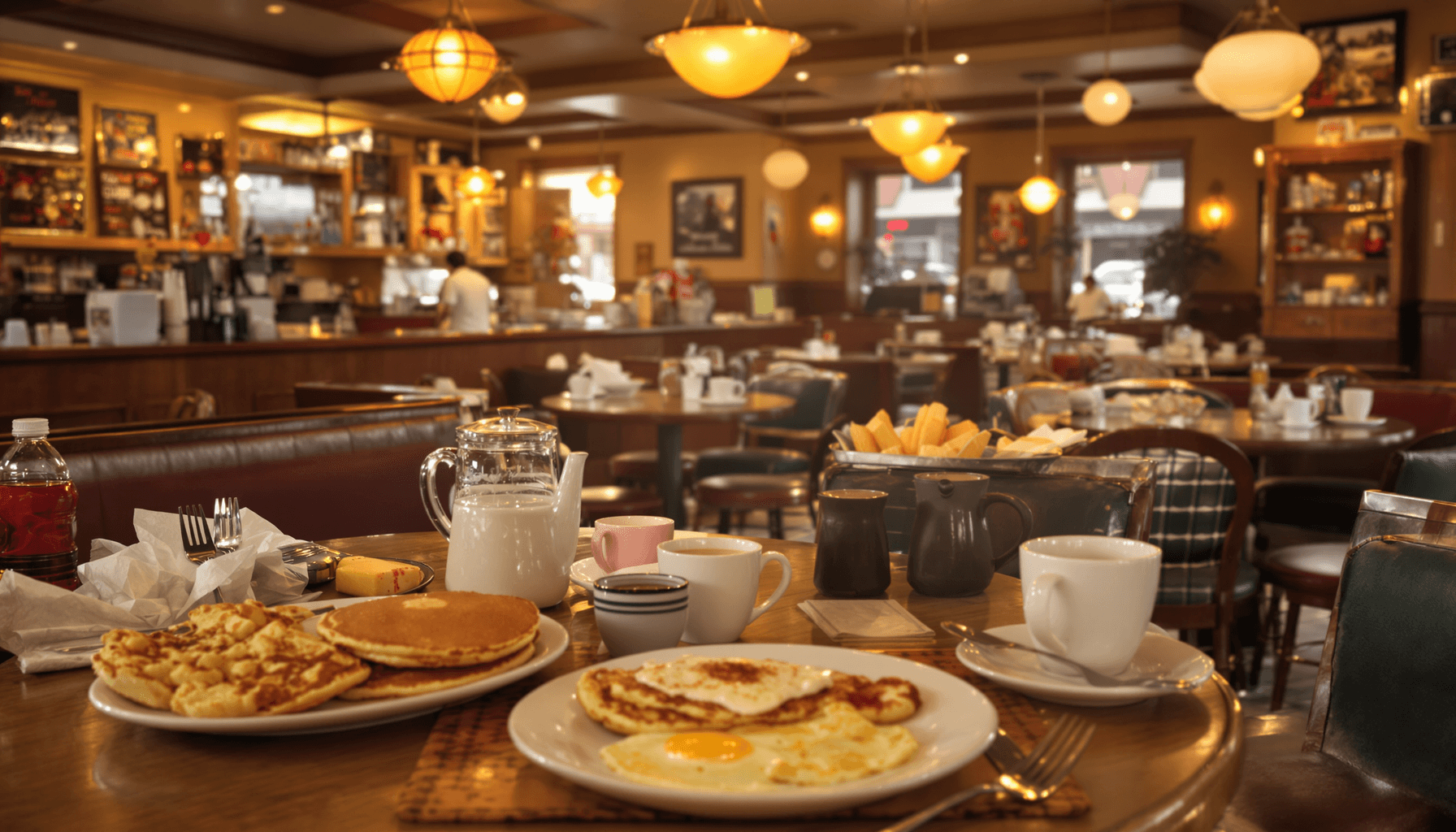 8 Best Breakfast Places You Must Try – Local Favorites 2025 2 Cozy American diner interior with warm lighting, wooden tables set with pancakes, eggs, and coffee, creating a welcoming morning atmosphere.
