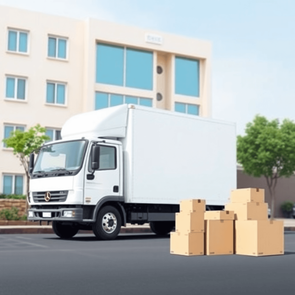 A moving truck parked outside a modern apartment building, with neatly stacked boxes beside it, conveying organization and professionalism in a vibrant, inviting setting.