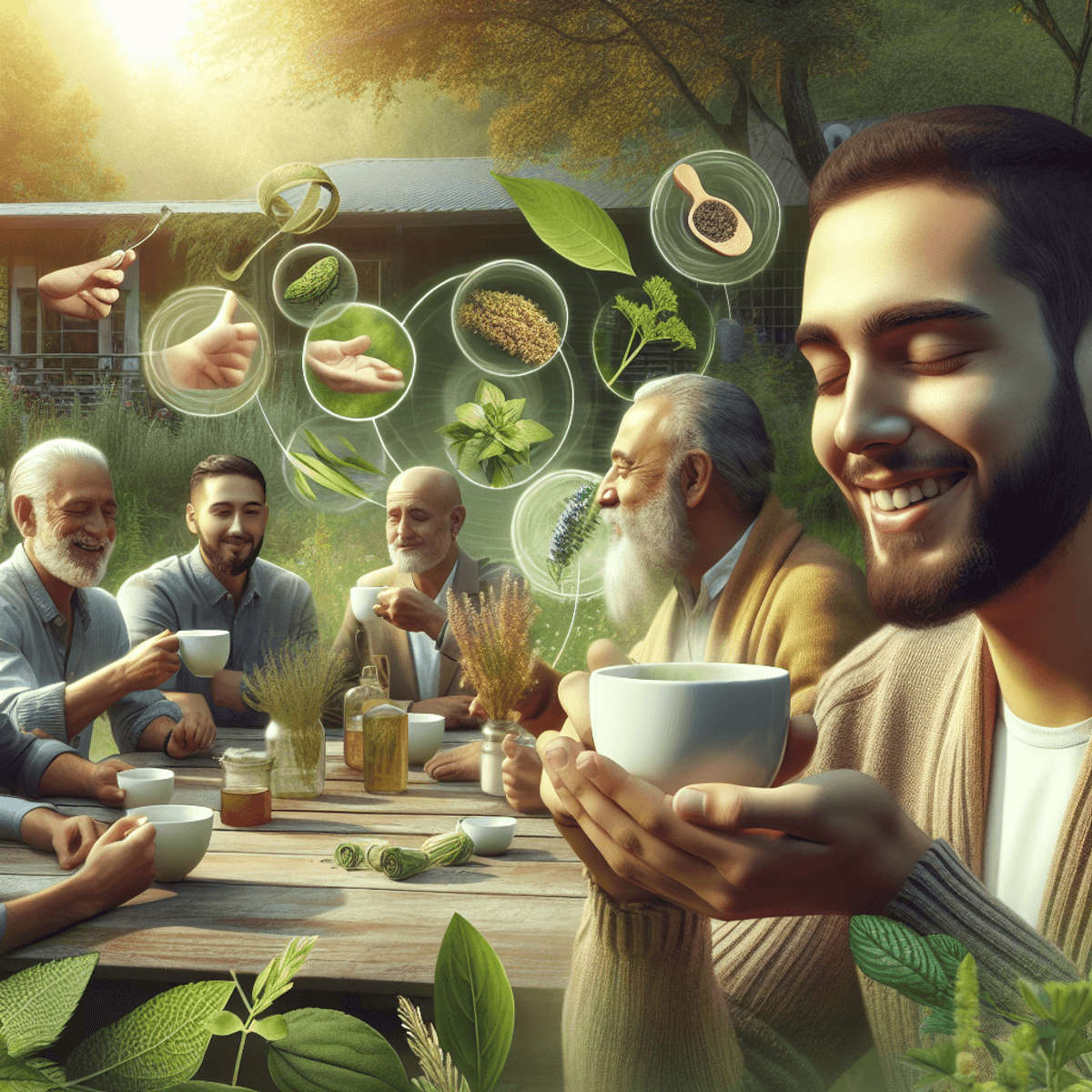 Fertility Tea-1and Fertility Tea-2 5 A group of men, including a Hispanic and a Caucasian individual, enjoying herbal tea outdoors in a serene environment. They are seated at a rustic wooden table surrounded by lush greenery, with fresh herbs and tea leaves artistically arranged around them. The men are smiling and engaged in conversation, exuding a sense of camaraderie and relaxation. Soft sunlight filters through the trees, creating a peaceful atmosphere that highlights the joy of friendship and wellness.