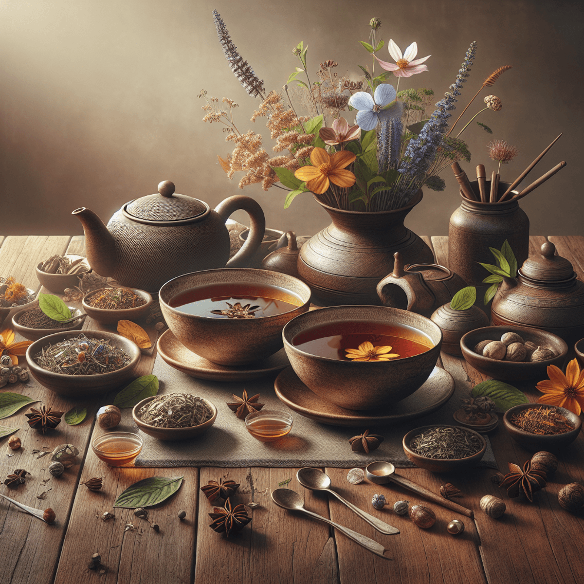Fertility Tea-1and Fertility Tea-2 6 A serene tea setting featuring two delicate ceramic cups filled with steaming herbal tea, placed on a rustic wooden table. Surrounding the cups are vibrant fresh herbs like basil, mint, and rosemary, alongside colorful flowers such as marigolds and chamomile, symbolizing Ayurvedic fertility. Soft golden light filters through sheer curtains, casting a warm glow over the scene. The overall ambiance is tranquil and inviting, with a natural earthy backdrop that enhances feelings of calmness and holistic well-being.