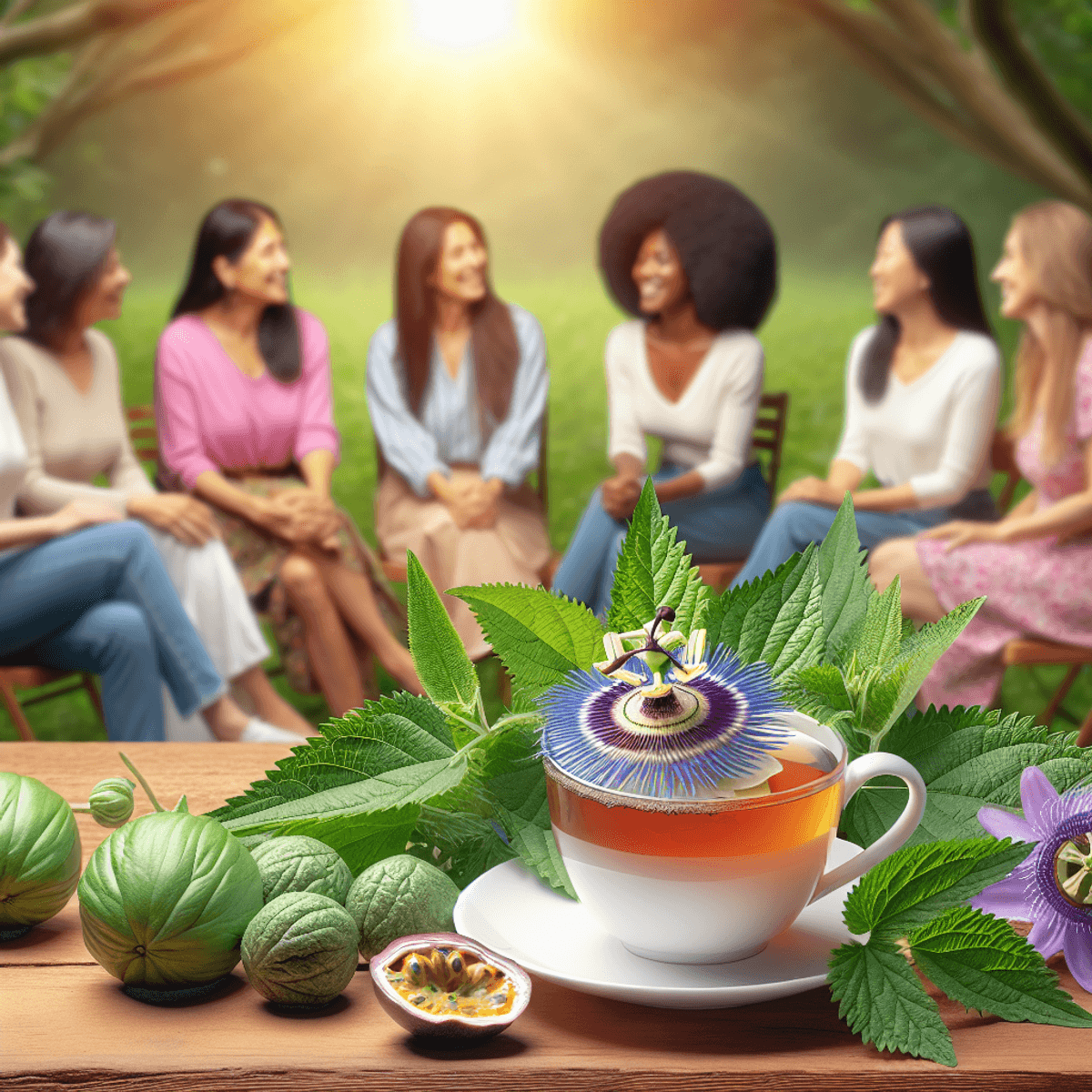 Fertility Tea-1and Fertility Tea-2 4 A freshly brewed cup of herbal tea sits among green nettle and violet passionflower plants, with a diverse group of women—Hispanic, Caucasian, and Asian—engaged in a friendly conversation in a warm, inviting setting that symbolizes community, support, and fertility.
