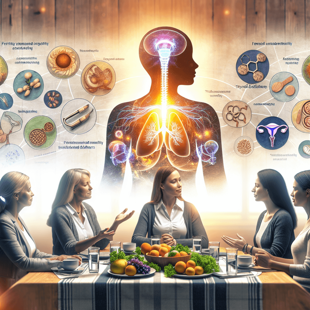 Fertility Tea-1and Fertility Tea-2 2 A panoramic view showcasing four women of diverse descents, including a Caucasian woman and a Hispanic woman, engaged in an animated discussion about health and wellness. The warm and welcoming environment features plates of nutritious food and artistic medical diagrams related to fertility and thyroid health placed around them. The scene conveys a sense of camaraderie, learning, and dedication to understanding thyroid disorders and their effects on female fertility.