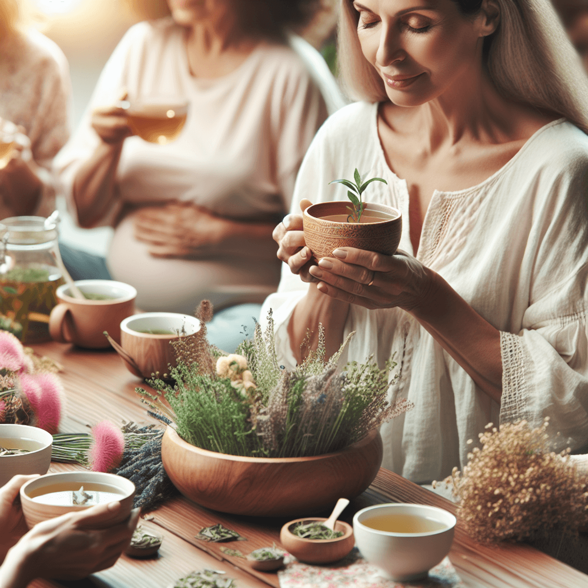 Fertility Tea-1and Fertility Tea-2 3 A serene tea setting featuring a Caucasian woman and a Hispanic woman sitting together, each holding a cup of herbal fertility tea. They are surrounded by an array of fresh herbs and vibrant flowers, creating a tranquil atmosphere that conveys a sense of peace and natural healing.