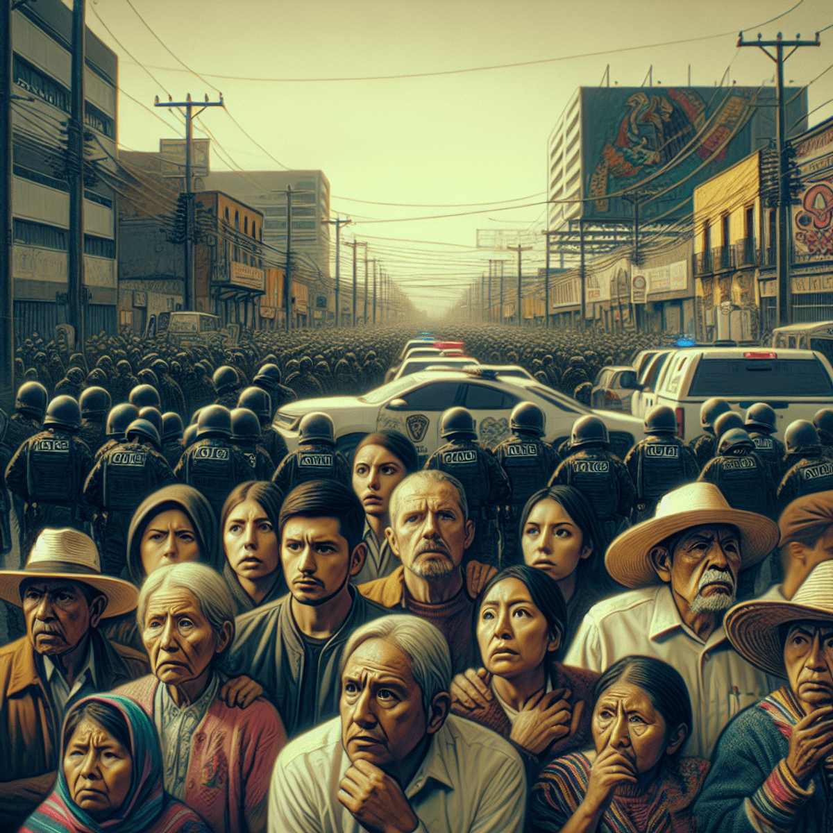 Una escena urbana tensa en una ciudad mexicana que presenta a un grupo diverso de individuos caucásicos e hispanos con expresiones preocupadas, de pie cerca de barricadas policiales. Se pueden ver oficiales, lo que enfatiza la presencia policial en medio del caos. En el fondo, se pueden ver elementos sutiles de la cultura indígena, como textiles o artesanías tradicionales, que añaden profundidad al entorno. La atmósfera está cargada de urgencia y preocupación, capturando la gravedad de un enfrentamiento con el crimen organizado.