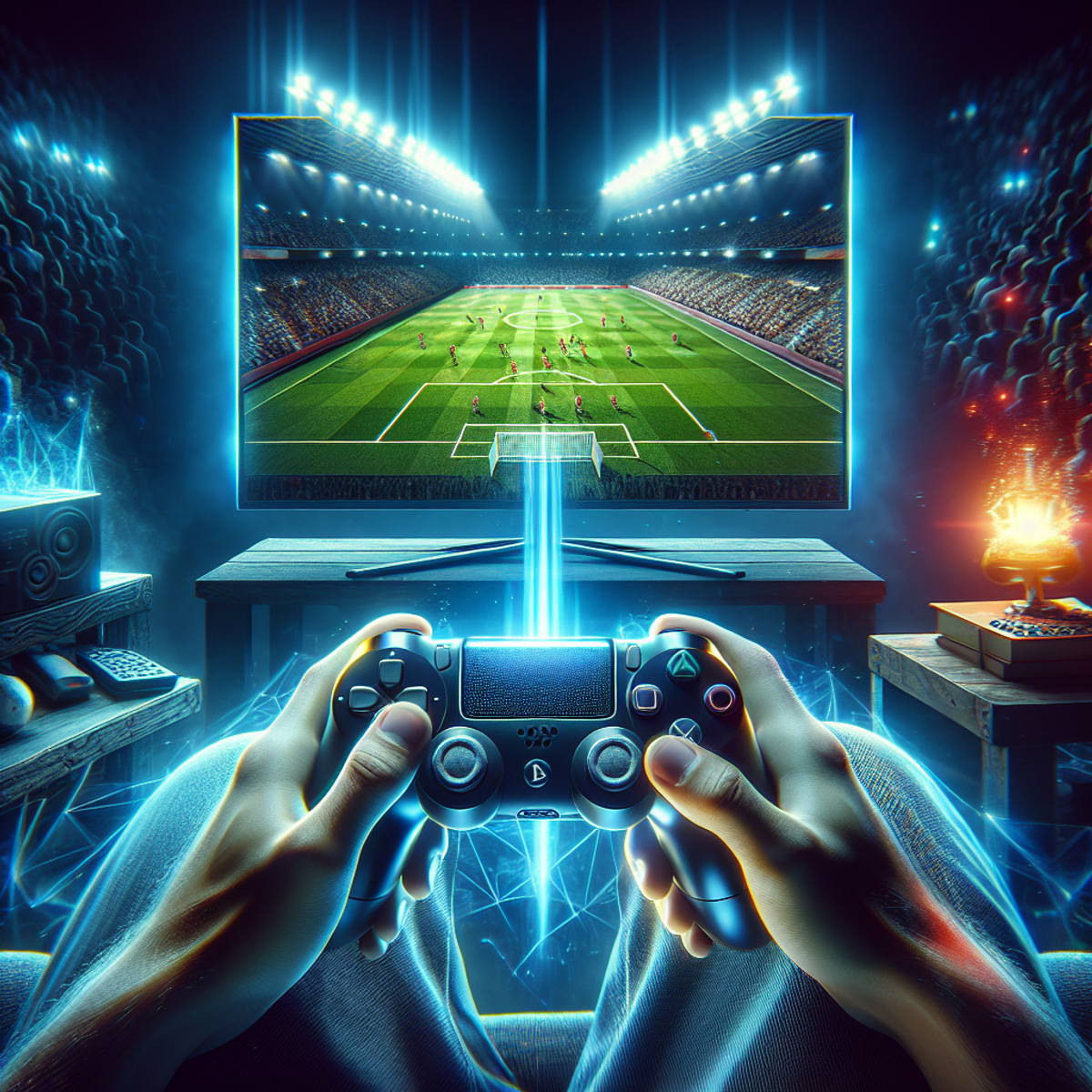 A person holding a gaming controller, with the glow of a football game illuminating their face on the TV screen.