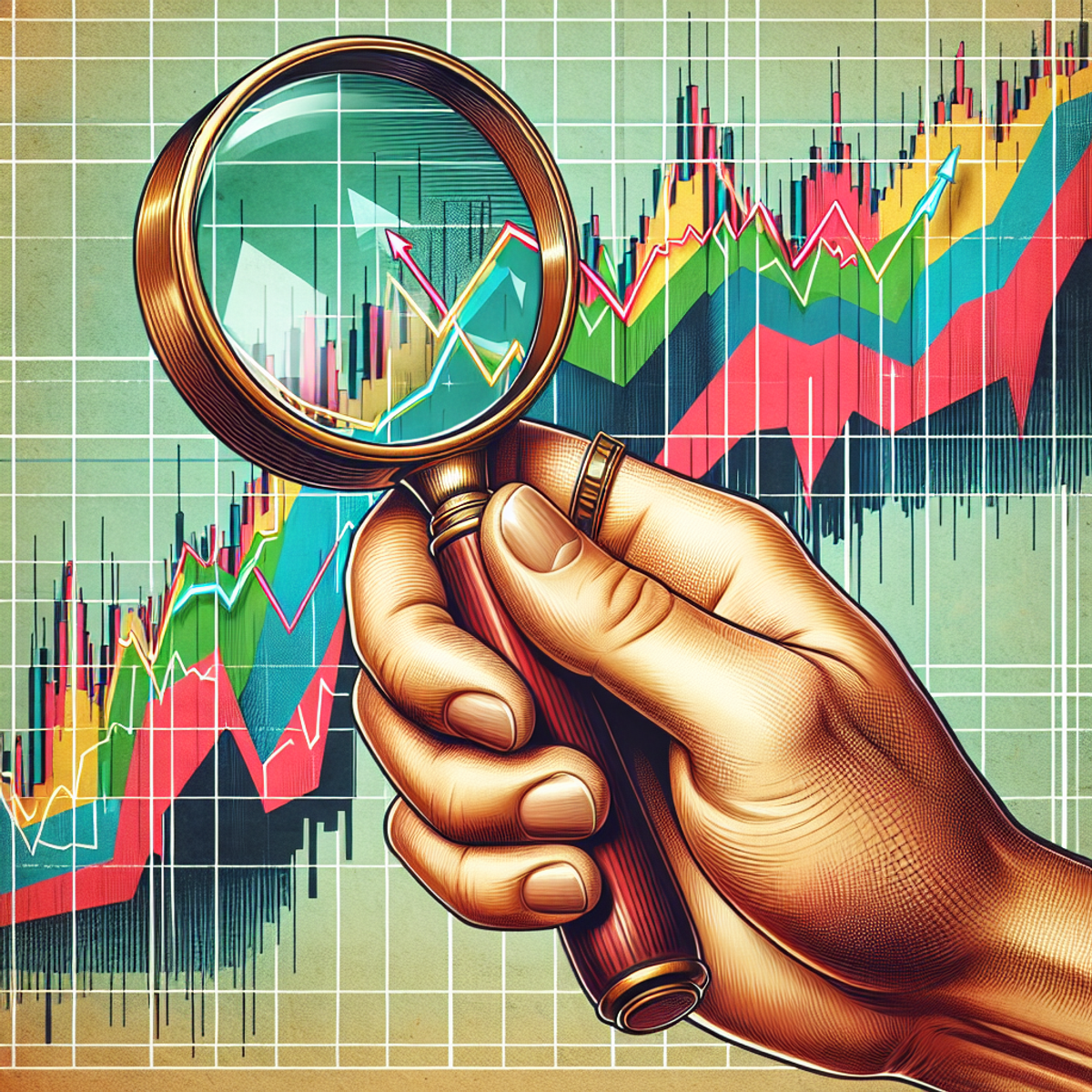 A close-up image of a Middle-Eastern female's hand confidently holding a vintage magnifying glass over a vibrant stock market graph, with colorful arrows and bars symbolizing market fluctuations. The hand is adorned with a simple gold ring, adding a touch of elegance to the scene.
