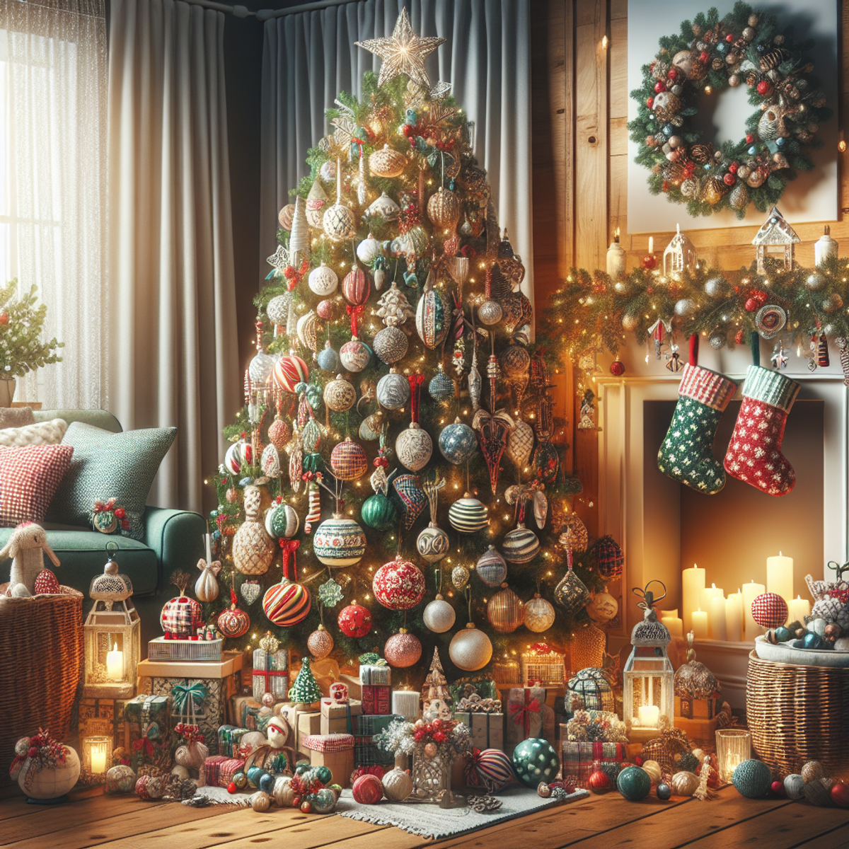 A cozy living room with a beautifully decorated Christmas tree adorned with unique ornaments and homemade decorations like garlands, wreaths, and stockings.