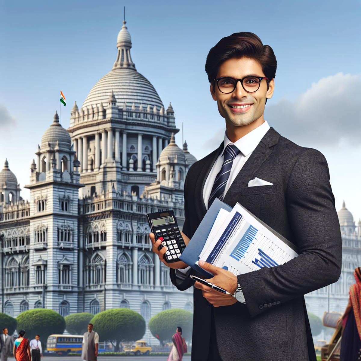 A South Asian professional financial advisor standing in front of the Victoria Memorial in Kolkata, holding financial documents in one hand and a calculator in the other, exuding confidence and trustworthiness with a warm smile.