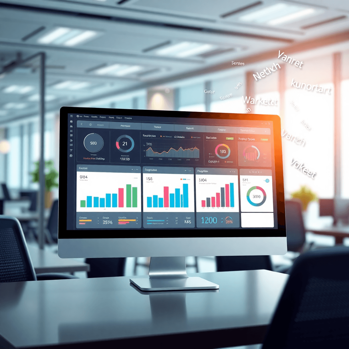 A modern SEO tool interface on a computer screen, displaying vibrant graphs and charts in a sleek office setting, with floating keywords symbolizing digital marketing.