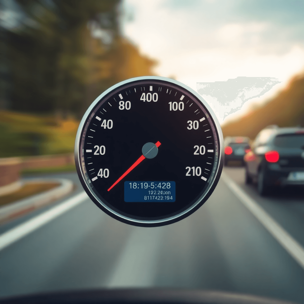 A realistic speedometer showing high speed, with a blurred road background to convey motion and the concept of instantaneous rate of change in derivatives.