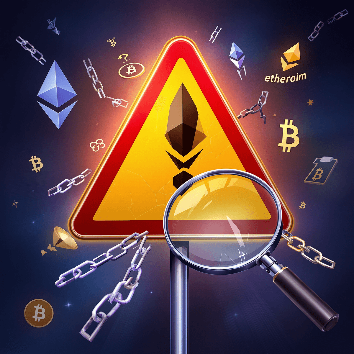 A digital illustration of a caution sign with cryptocurrency symbols in bold red and yellow, featuring broken chains and a magnifying glass to signify vigilance against scams.