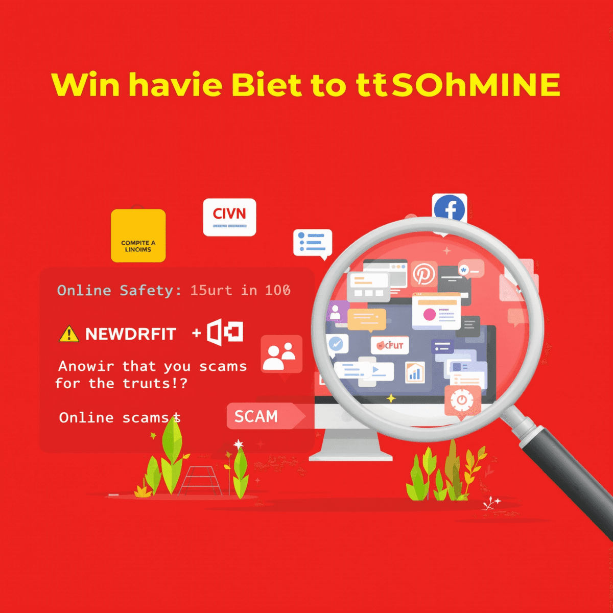 A magnifying glass hovers over a computer screen filled with website icons, using red and yellow hues to symbolize caution in online safety and scam detection.