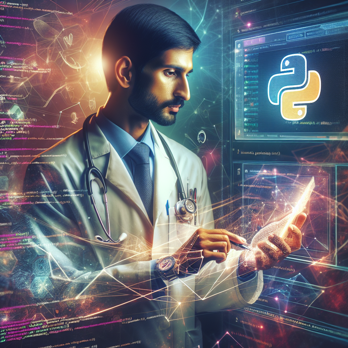 A South Asian male doctor sits at a computer, surrounded by medical tools and holographic screens displaying health data. He wears a lab coat and a stethoscope around his neck. The computer screen shows an abstract pattern of lines and shapes representing Python code.