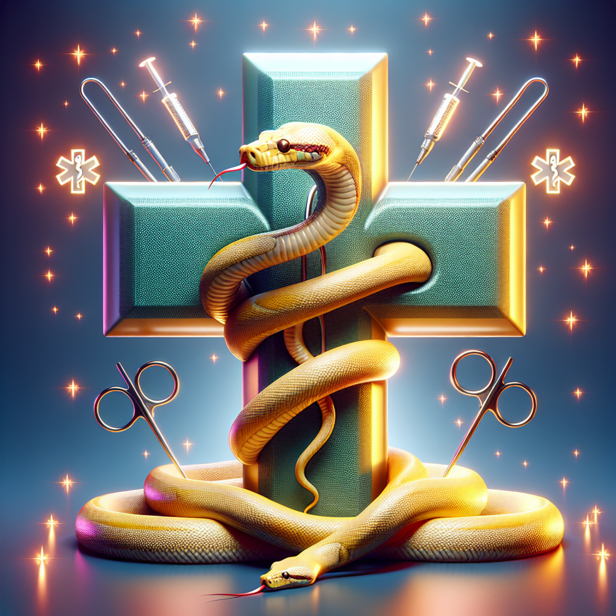 A python snake entwined around a medical cross symbol.