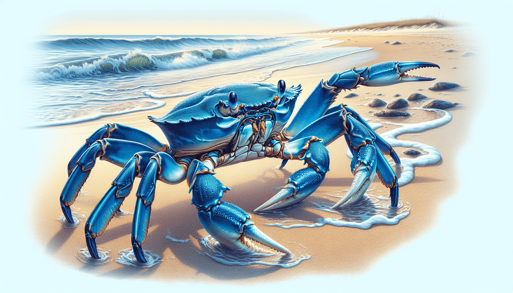 A vibrant blue crab with distinct gills and articulating plates is perched on a sandy shore, surrounded by gentle waves lapping at the beach. The crab's vivid blue shell glistens in the sunlight, showcasing its intricate features. In the background, soft sand dunes and patches of sea grass highlight the coastal habitat, creating a serene natural environment that emphasizes the crab's ecological significance.