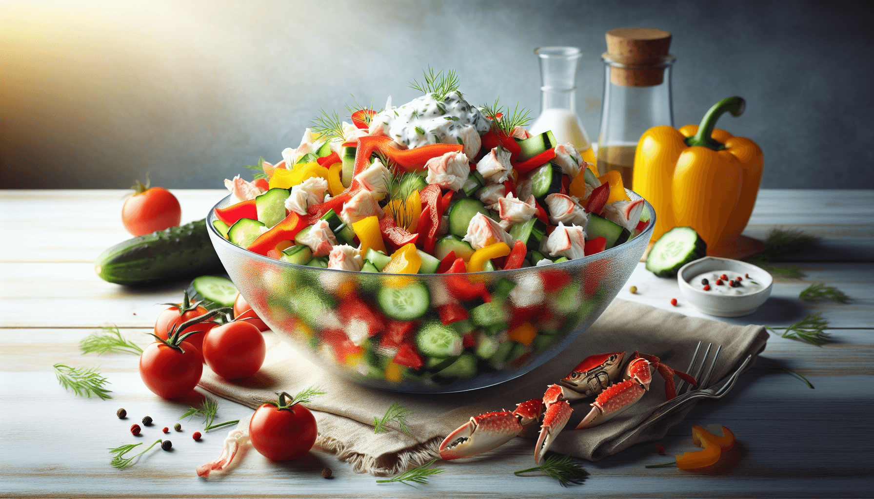 A clear, transparent bowl filled with a vibrant crab salad featuring heaps of fresh, chunky crab meat, colorful bell peppers, and crisp cucumber slices. A dollop of creamy dressing is visible, mingling with the ingredients. The salad is set on a light-hued wooden table, illuminated by bright lighting that enhances the freshness and colors of the vegetables, creating an inviting and appetizing scene.
