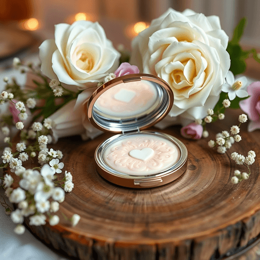 Compact parfum padat dengan desain elegan dikelilingi rangkaian bunga halus di atas meja kayu rustic, menciptakan suasana hangat dan romantis.