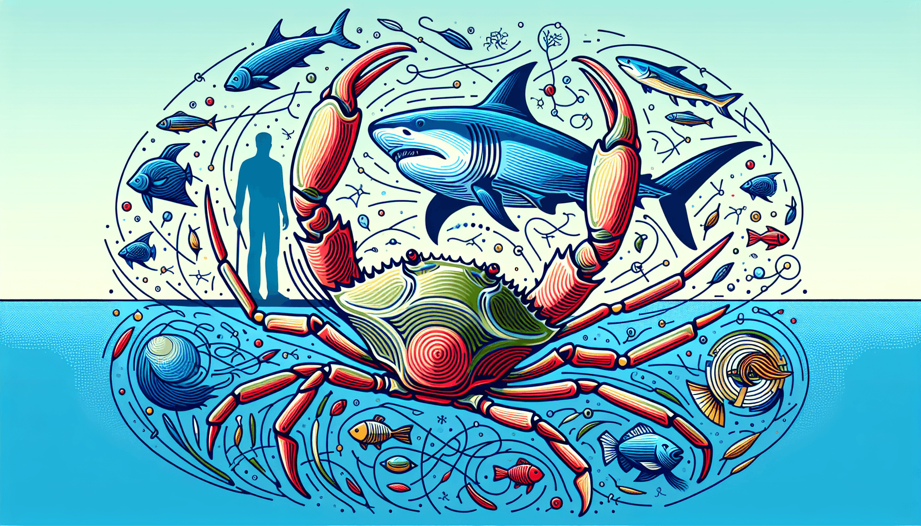 A vibrant minimalist illustration featuring a crab in its coastal habitat, surrounded by stylized representations of fish and sharks, symbolizing the marine food web. In the background, a South Asian man observes the scene thoughtfully from a distance, highlighting conservation efforts. The image uses bright colors and simple shapes to convey ecological relationships without any text.