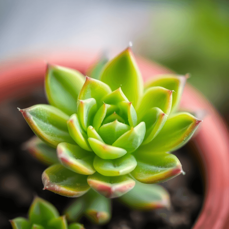 Close-up Mini V succulent dengan daun hijau subur, latar belakang lembut yang menonjolkan bentuk dan teksturnya, menciptakan nuansa ketenangan dan keindahan alami.
