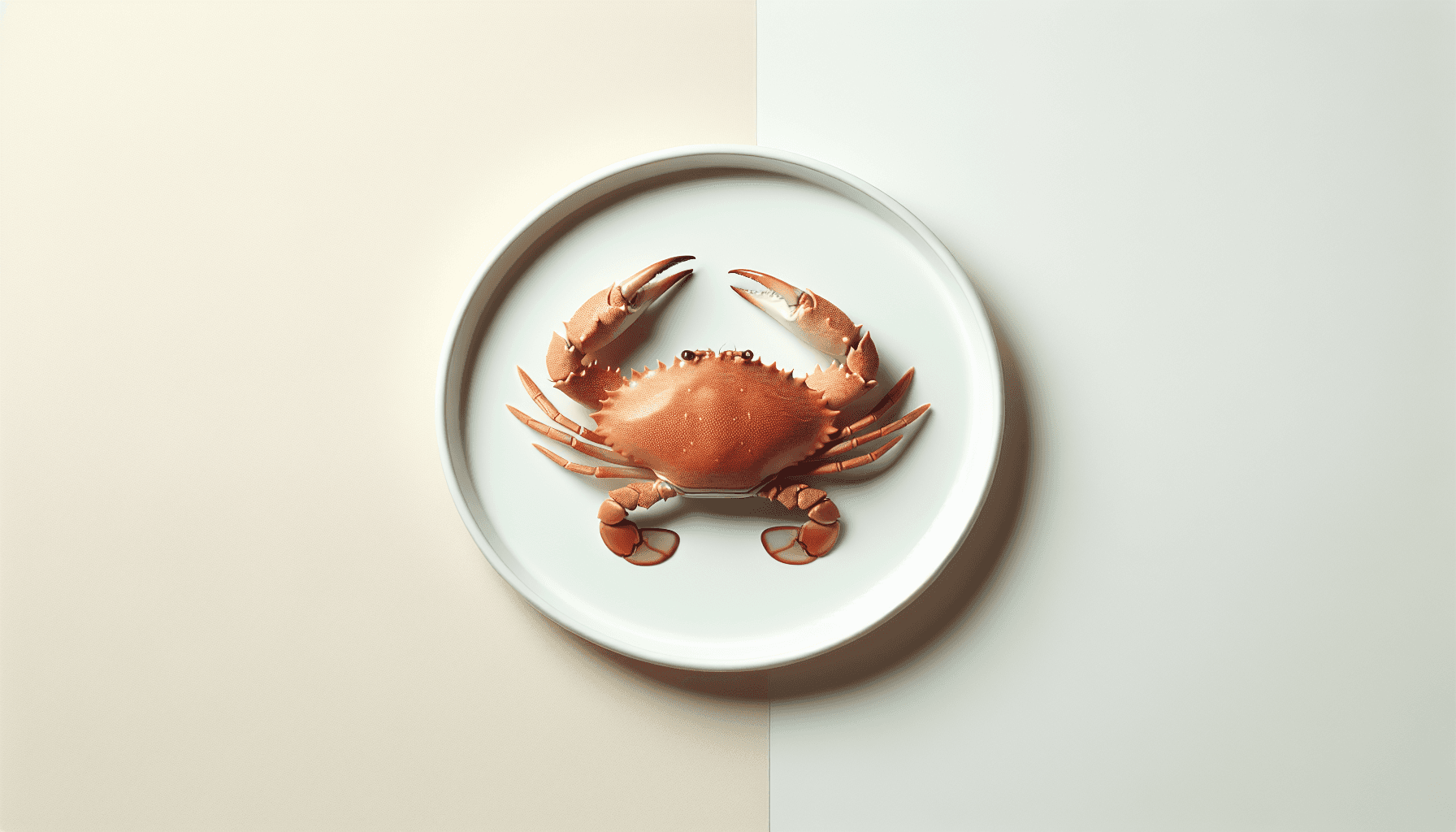 A fresh, naturally colored crab elegantly positioned on a simple white plate, set against a light-colored background, emphasizing the texture of the crab while embodying a minimalist aesthetic.
