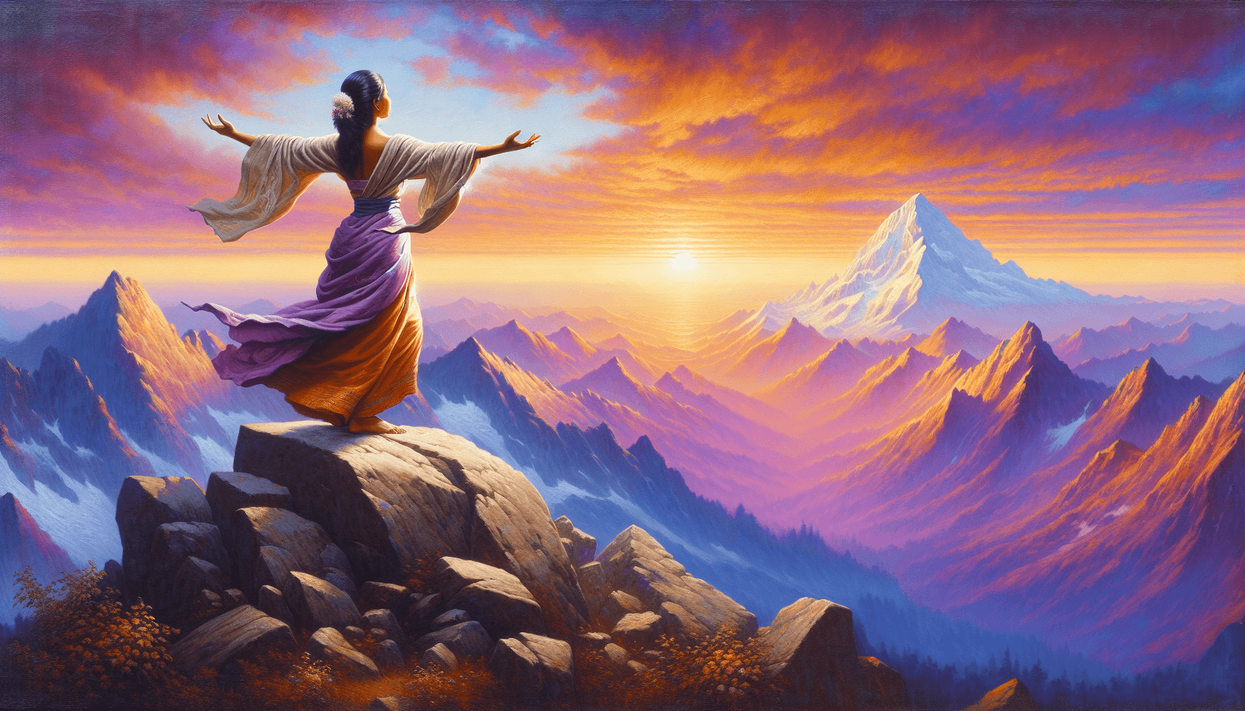 Sebuah lukisan minyak seorang wanita Asia Selatan berdiri di puncak gunung dengan tangan terentang, dihiasi latar belakang matahari terbenam yang memukau.