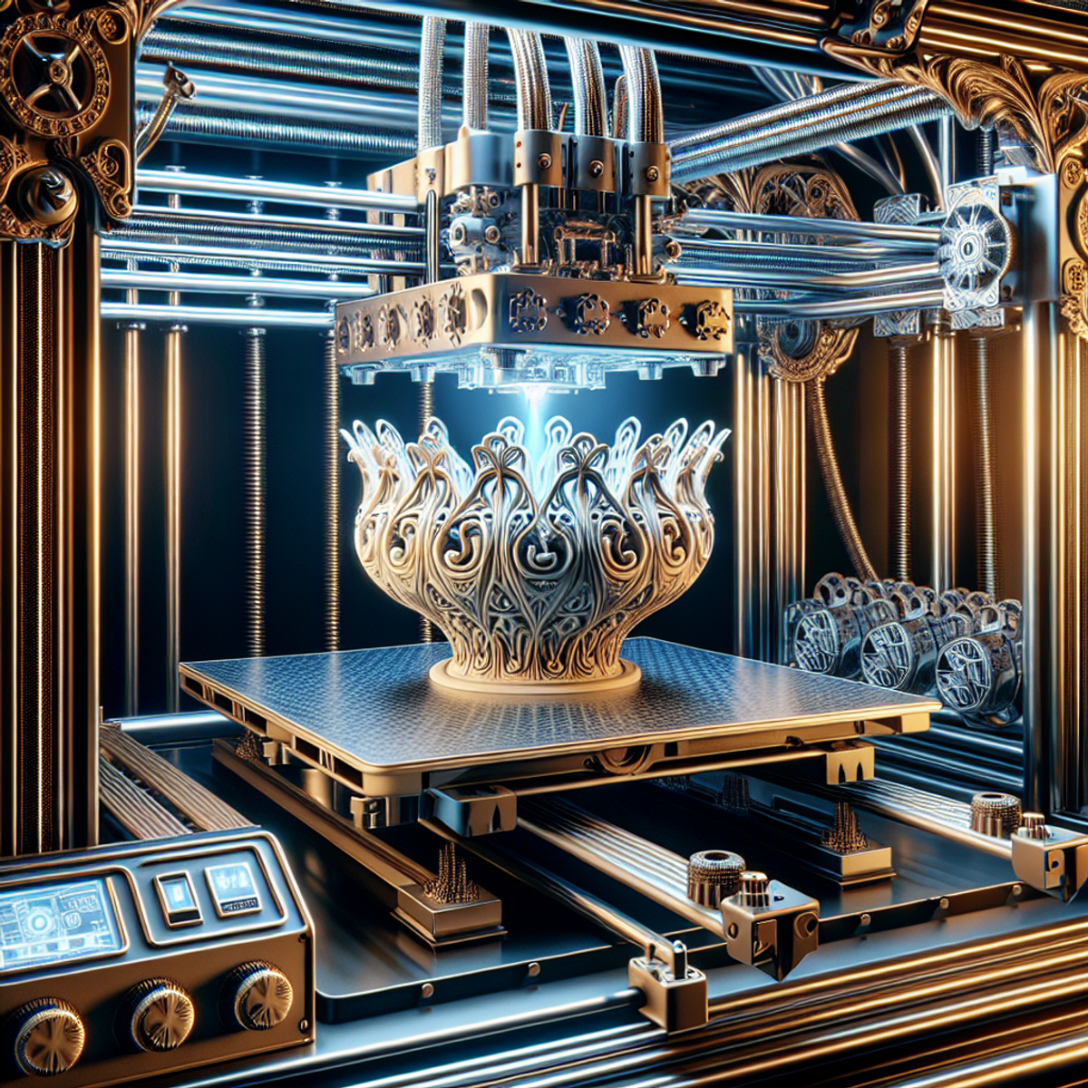 A 3D printer in the process of creating a complex and detailed object with multiple layers.