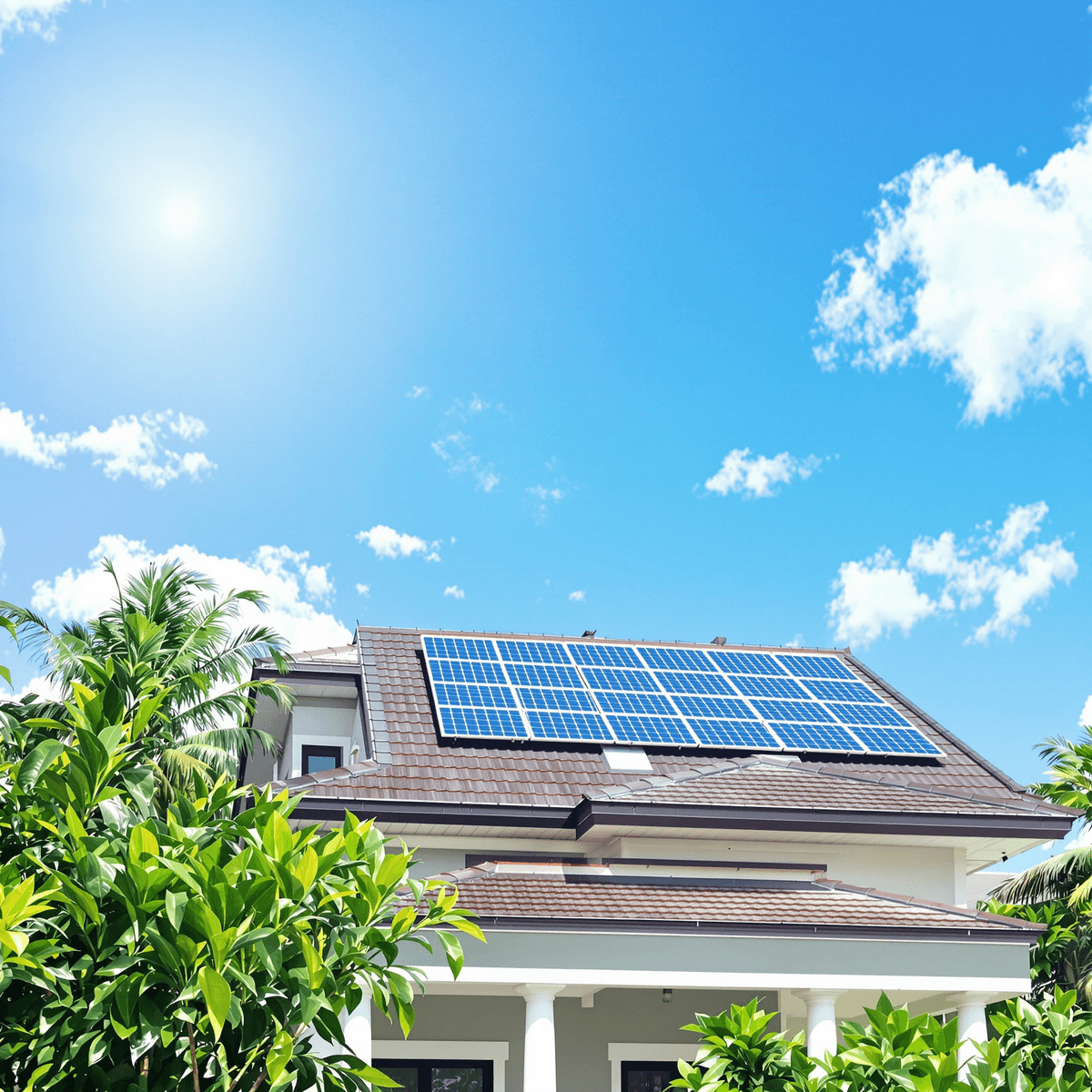 Modern Kerala home with rooftop solar panels under bright sun, surrounded by lush greenery and clear blue skies, showcasing sustainable solar energy.