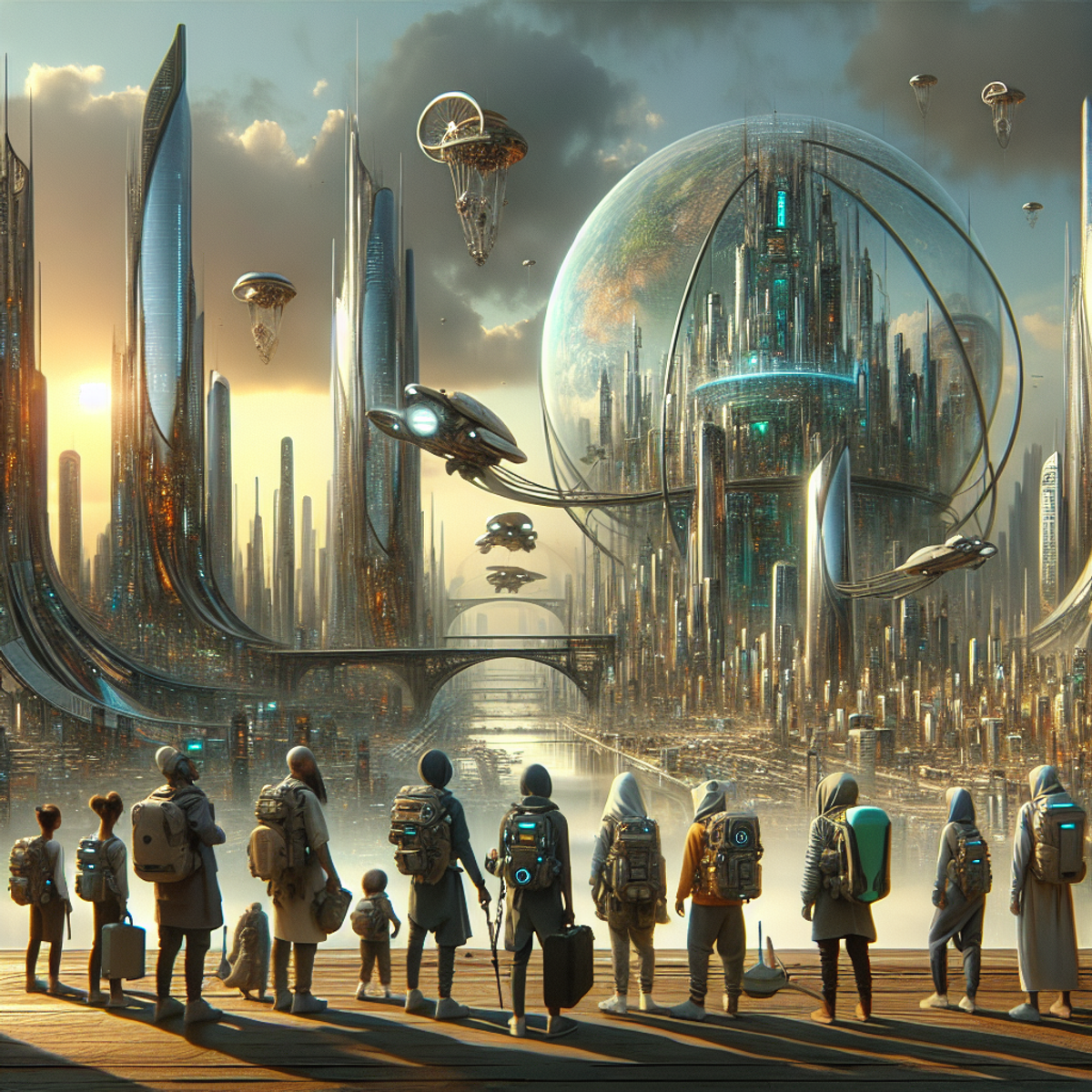 A group of diverse individuals equipped with advanced gear stands in a futuristic cityscape, blending technology and nature harmoniously.