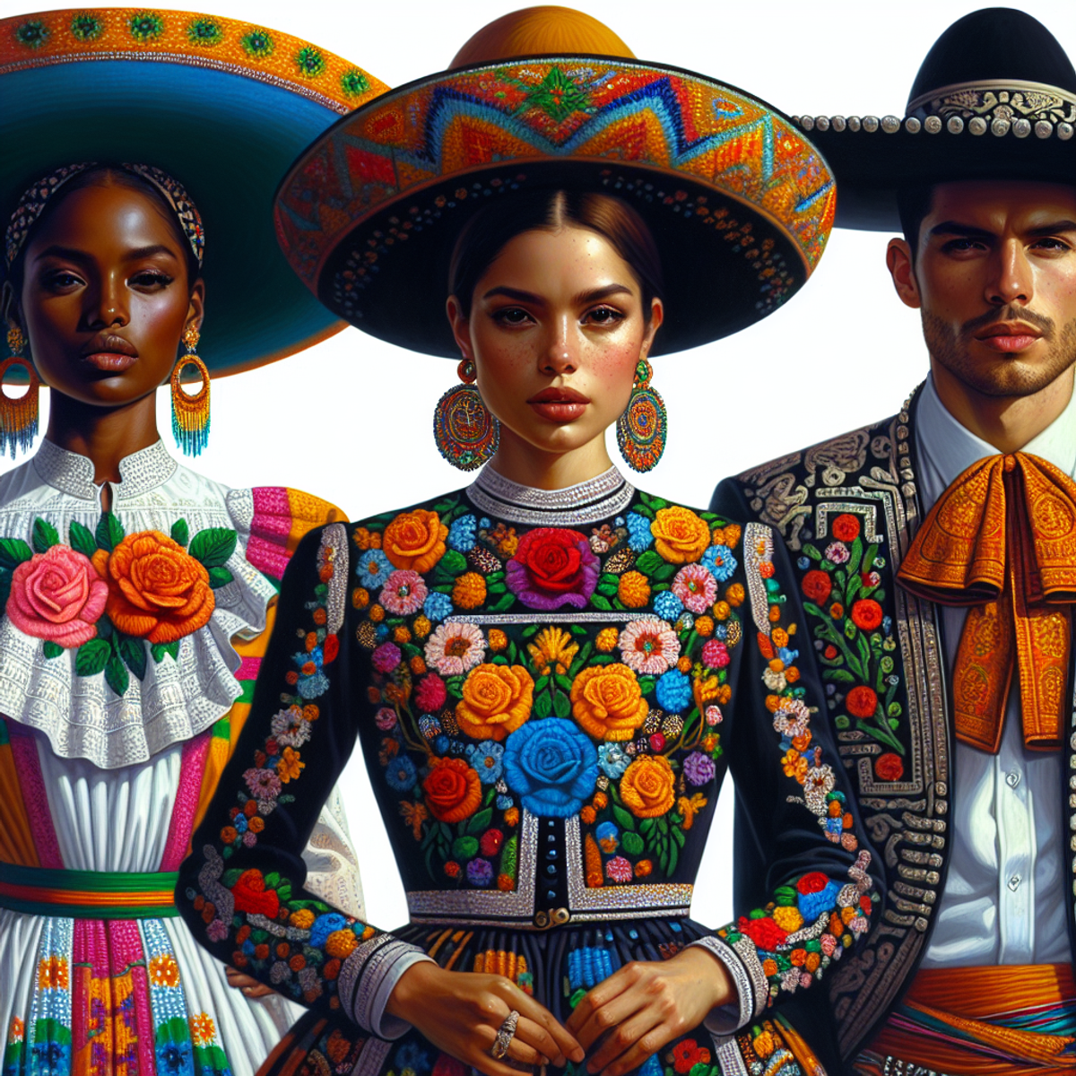 Three individuals wearing vibrant traditional Mexican attire. The first person, a Hispanic woman, is dressed in a bright and adorned 'China Poblana' with sequins and colorful embroidery. The second person, a Hispanic man, is clad in a traditional 'Charro' suit with a wide-brimmed hat. The third person, a black woman, is dressed in a classic 'Huipil' with intricate floral patterns.