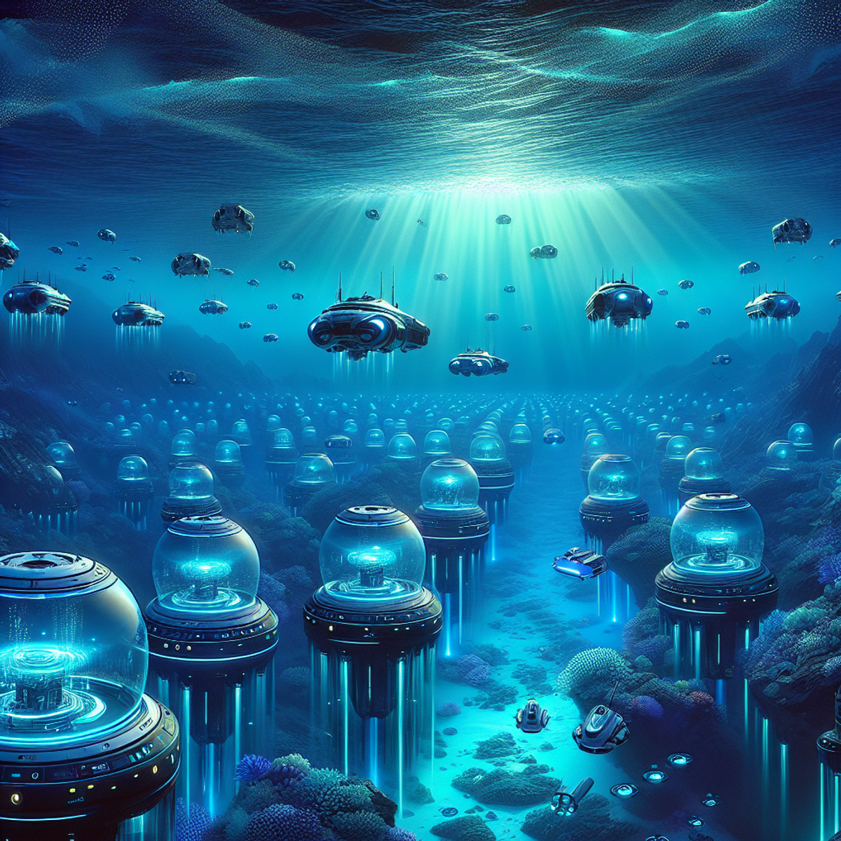 An image of advanced marine energy converters and Automated Underwater Vehicles (AUV) stationed across the sea-bed in a futuristic underwater civilization, bathed in a bioluminescent glow.