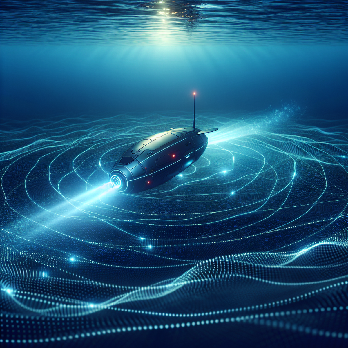 A sleek Autonomous Underwater Vehicle (AUV) glides through the deep sea, leaving a radiant, luminous trail behind it.