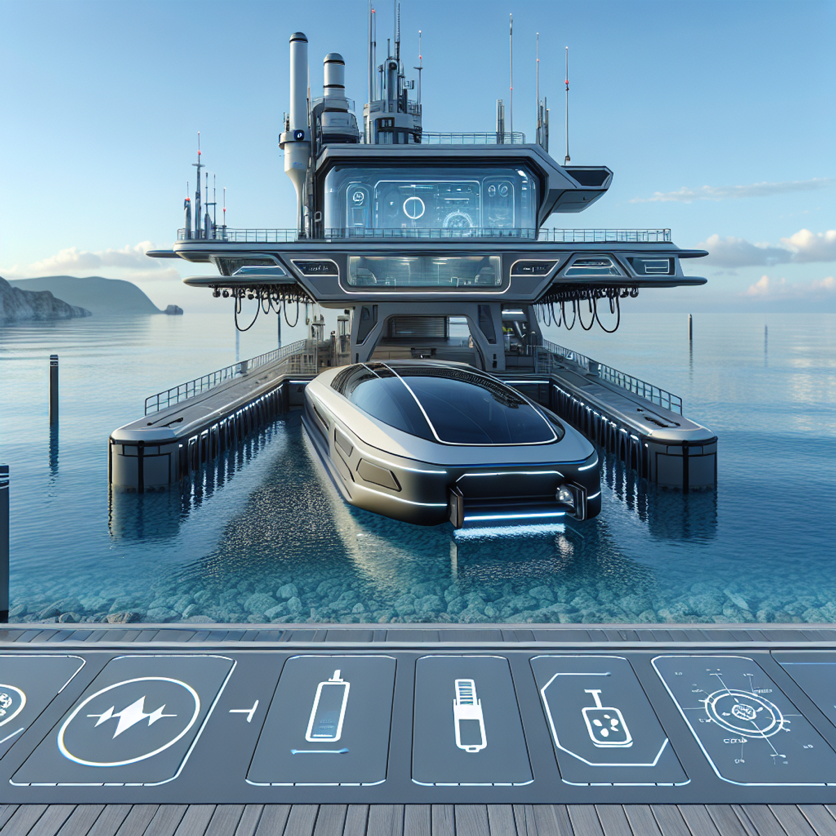 A sleek, futuristic Autonomous Underwater Vehicle (AUV) docking station with charging plugs, power indicators, and radar screens.