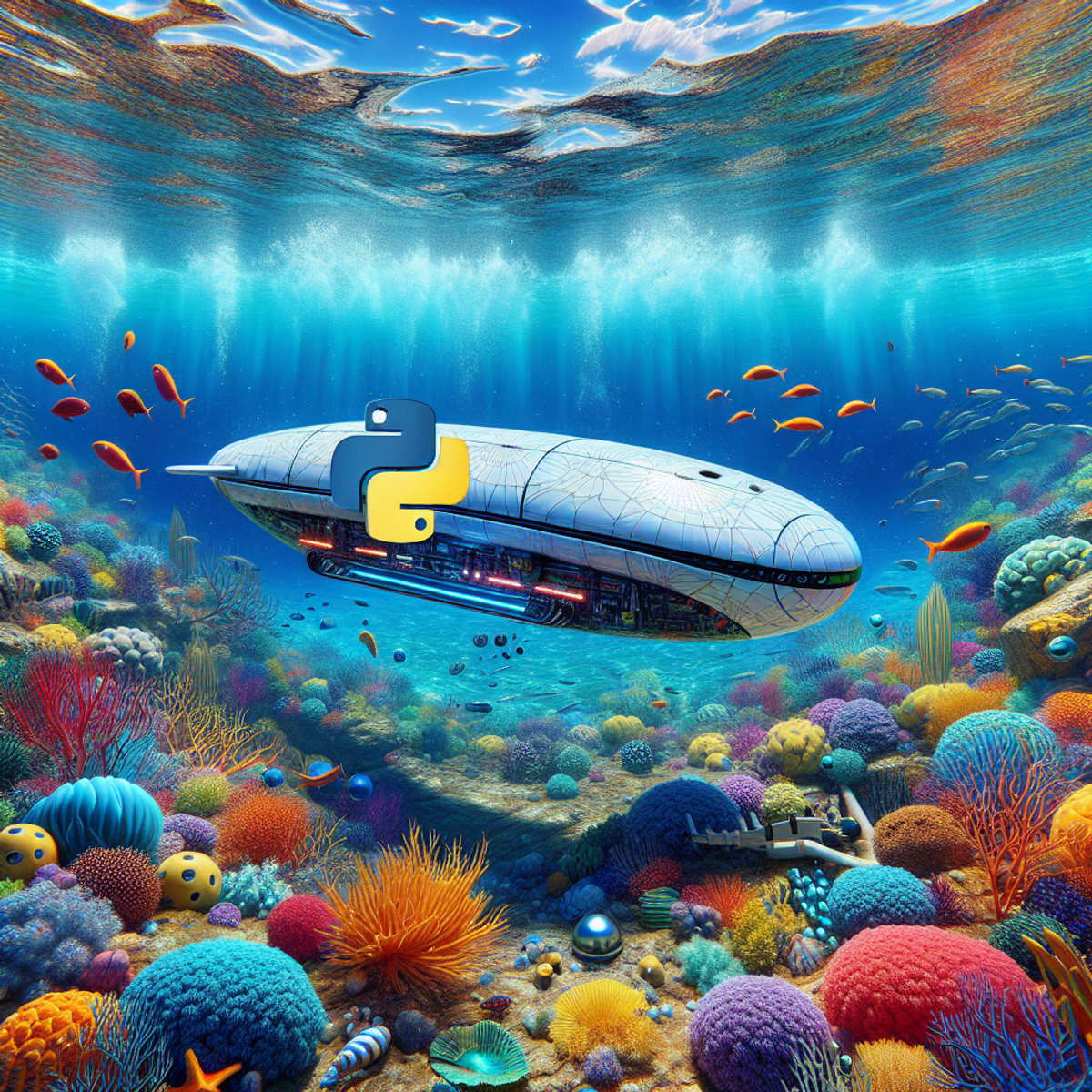 Colorful coral reef with exotic marine life and an autonomous underwater vehicle (AUV) gliding through the crystal-clear waters.